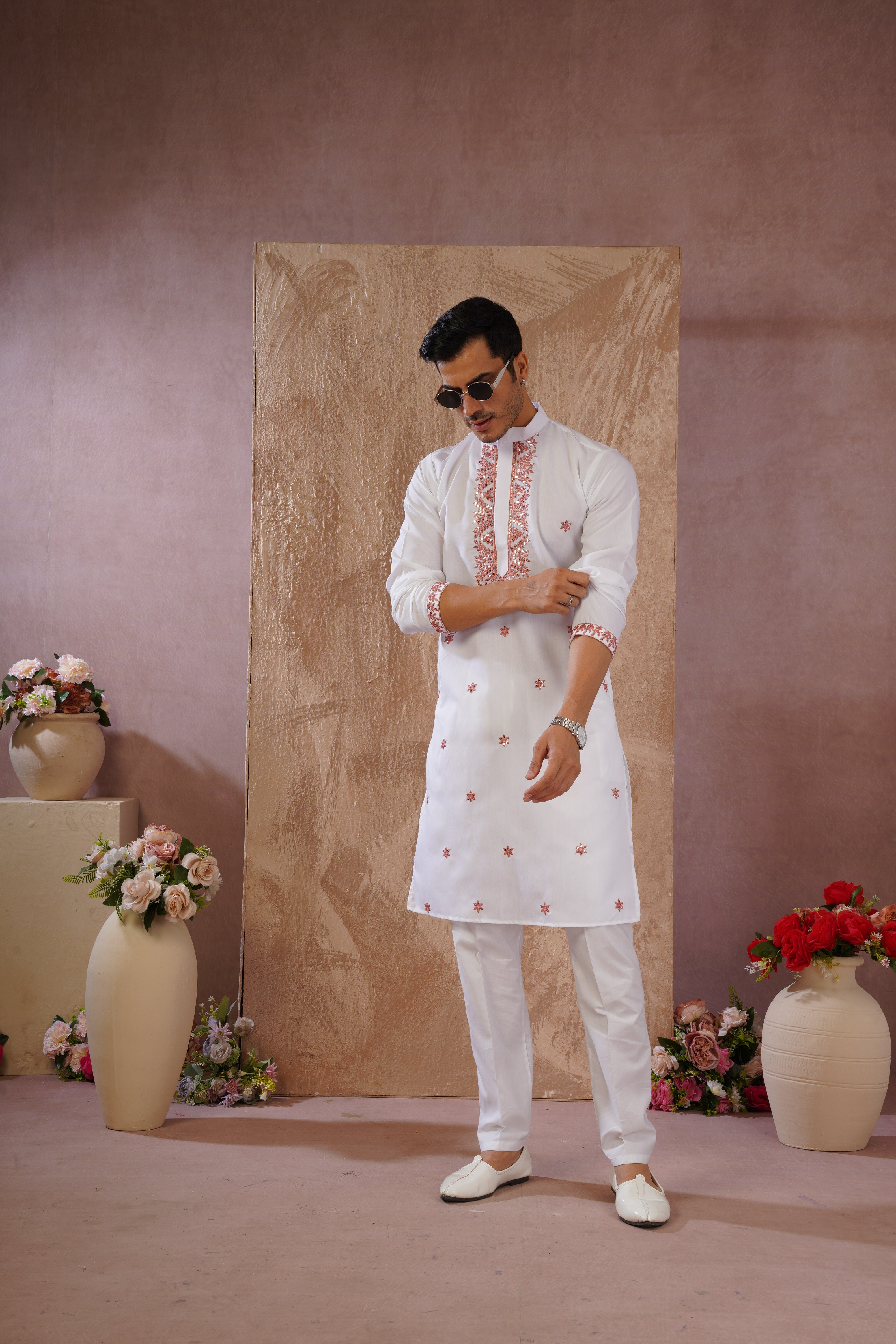 Orange Sequin Motif Neckwork Embroidery Kurta Set