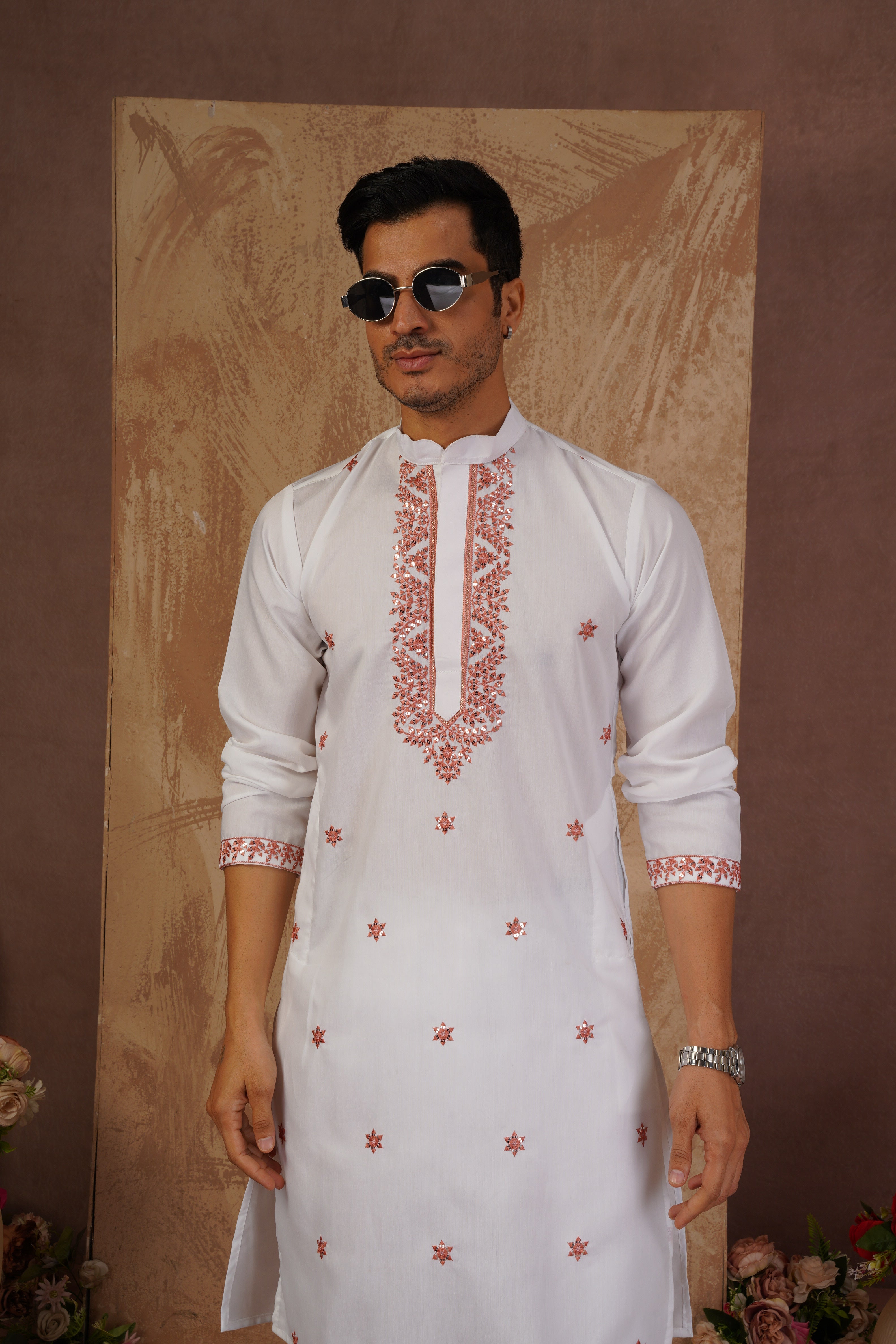 Orange Sequin Motif Neckwork Embroidery Kurta Set