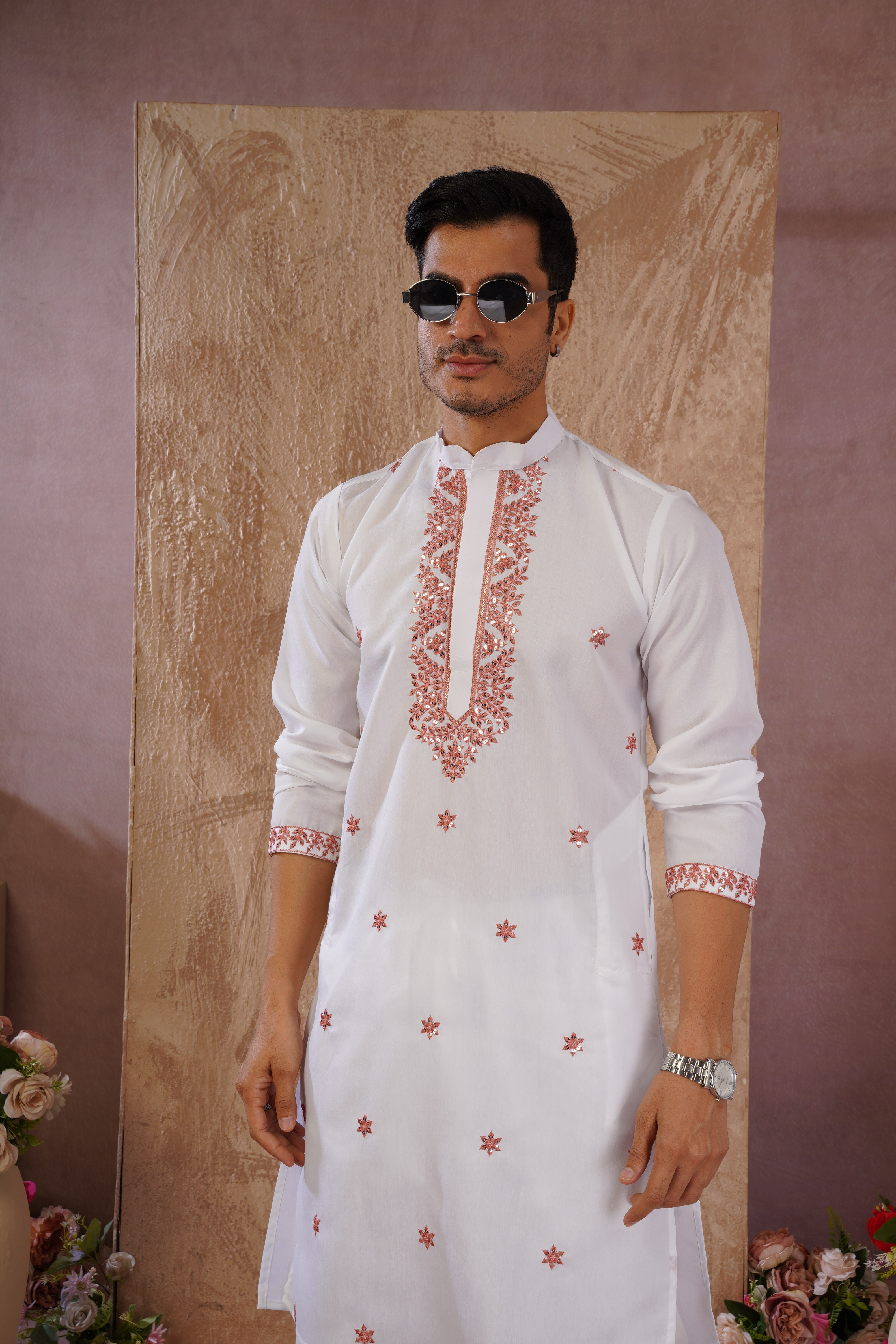 Orange Sequin Motif Neckwork Embroidery Kurta Set