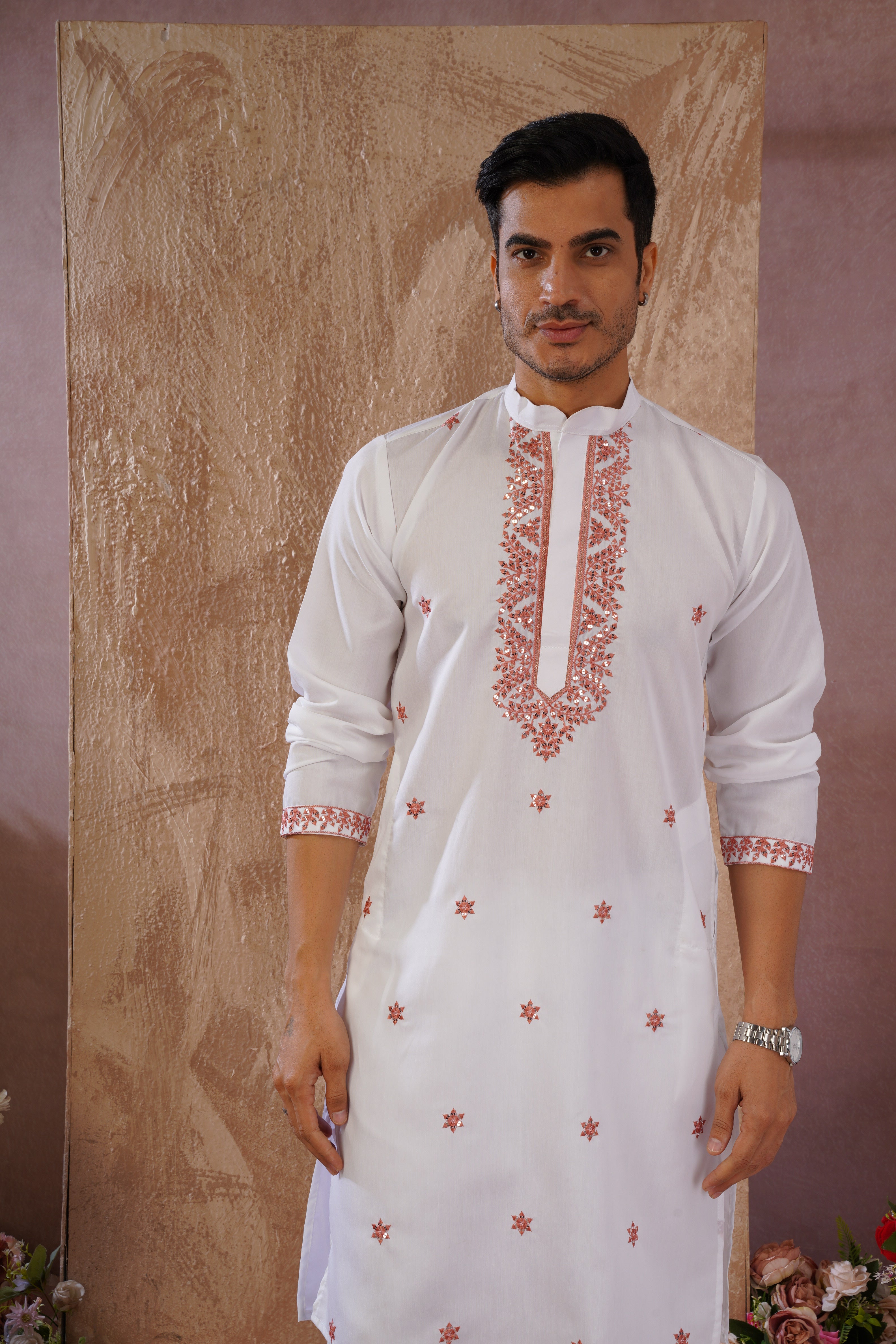 Orange Sequin Motif Neckwork Embroidery Kurta Set