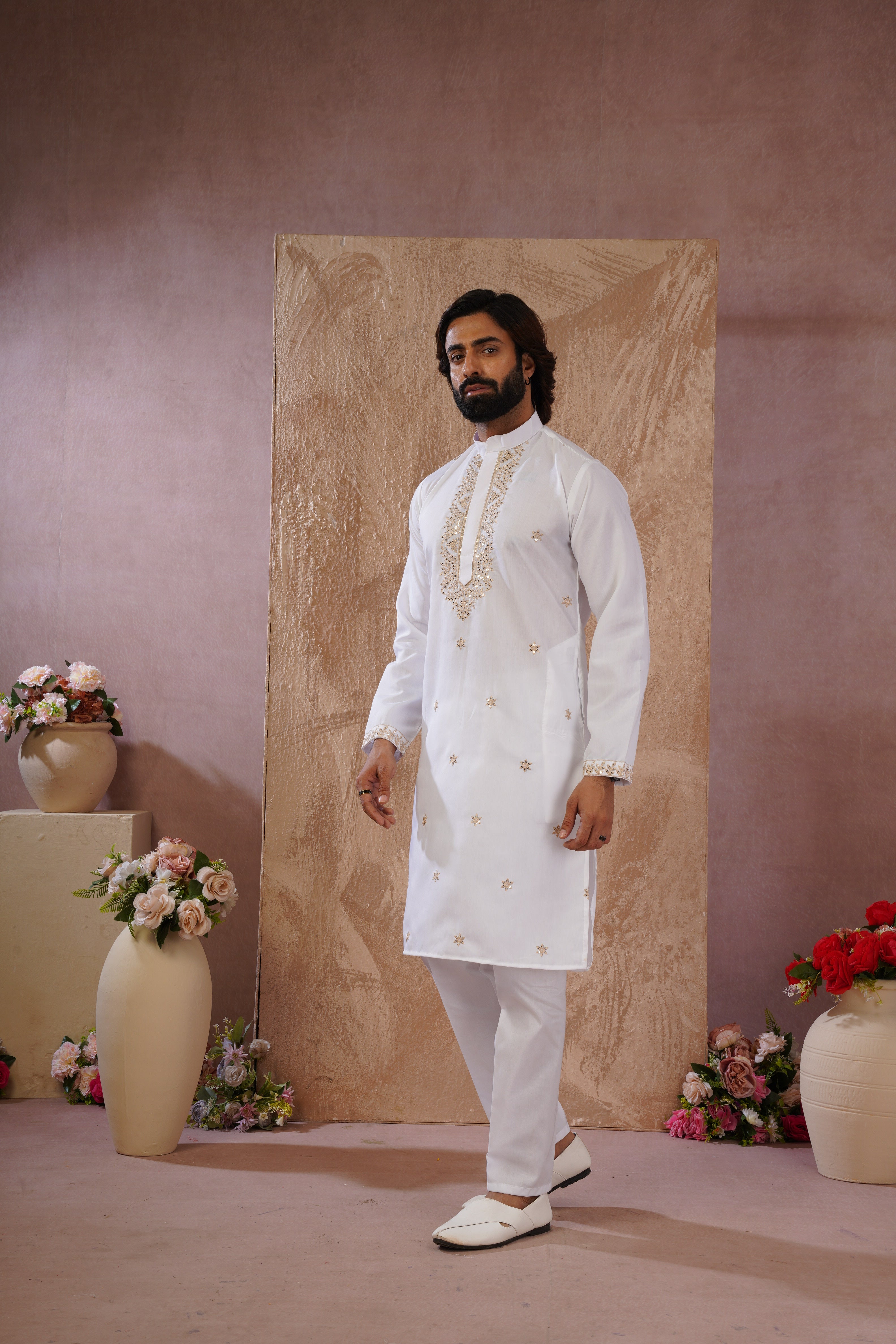 Latte Sequin Motif Neckwork Embroidery Kurta Set