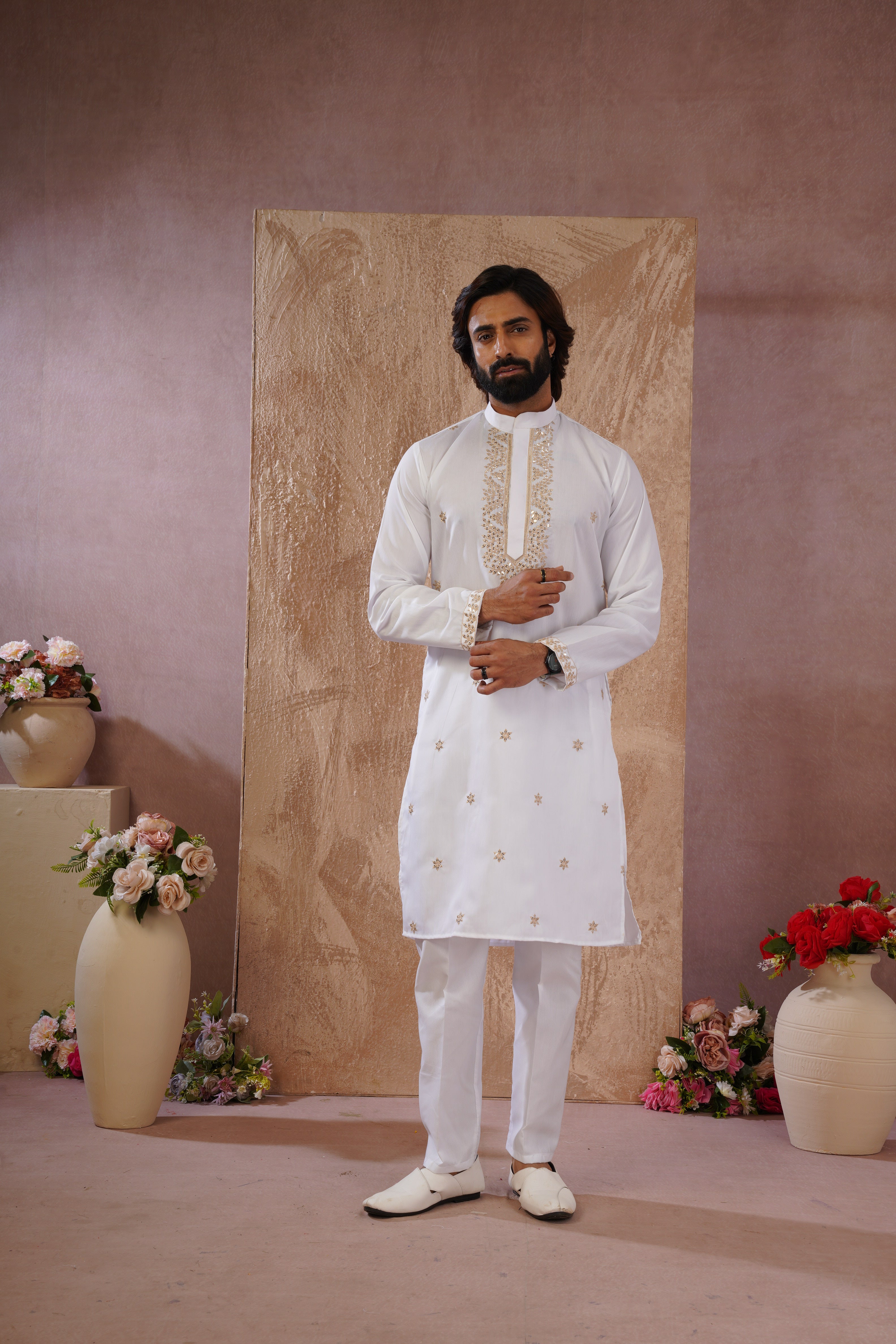 Latte Sequin Motif Neckwork Embroidery Kurta Set