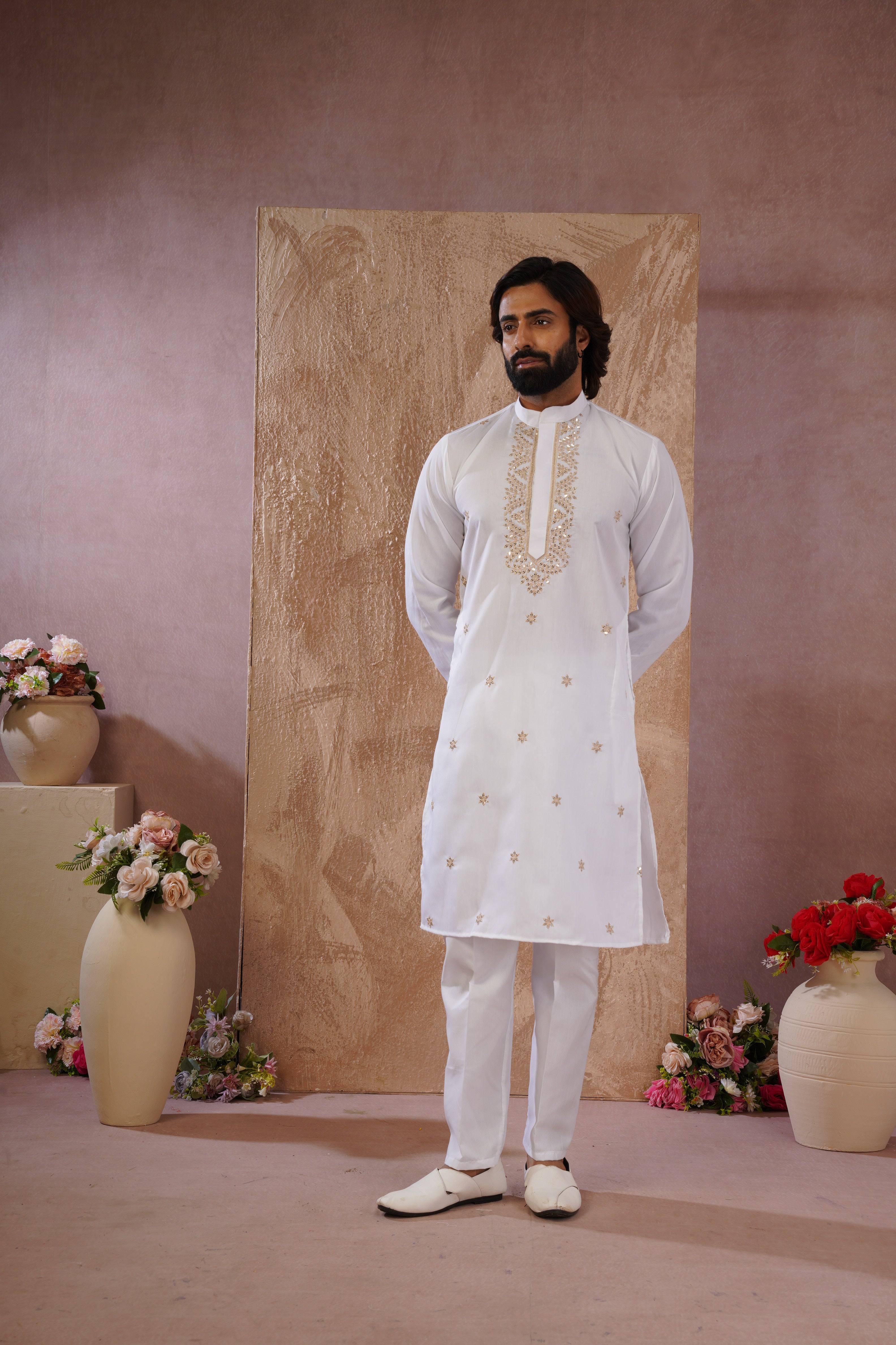 Latte Sequin Motif Neckwork Embroidery Kurta Set