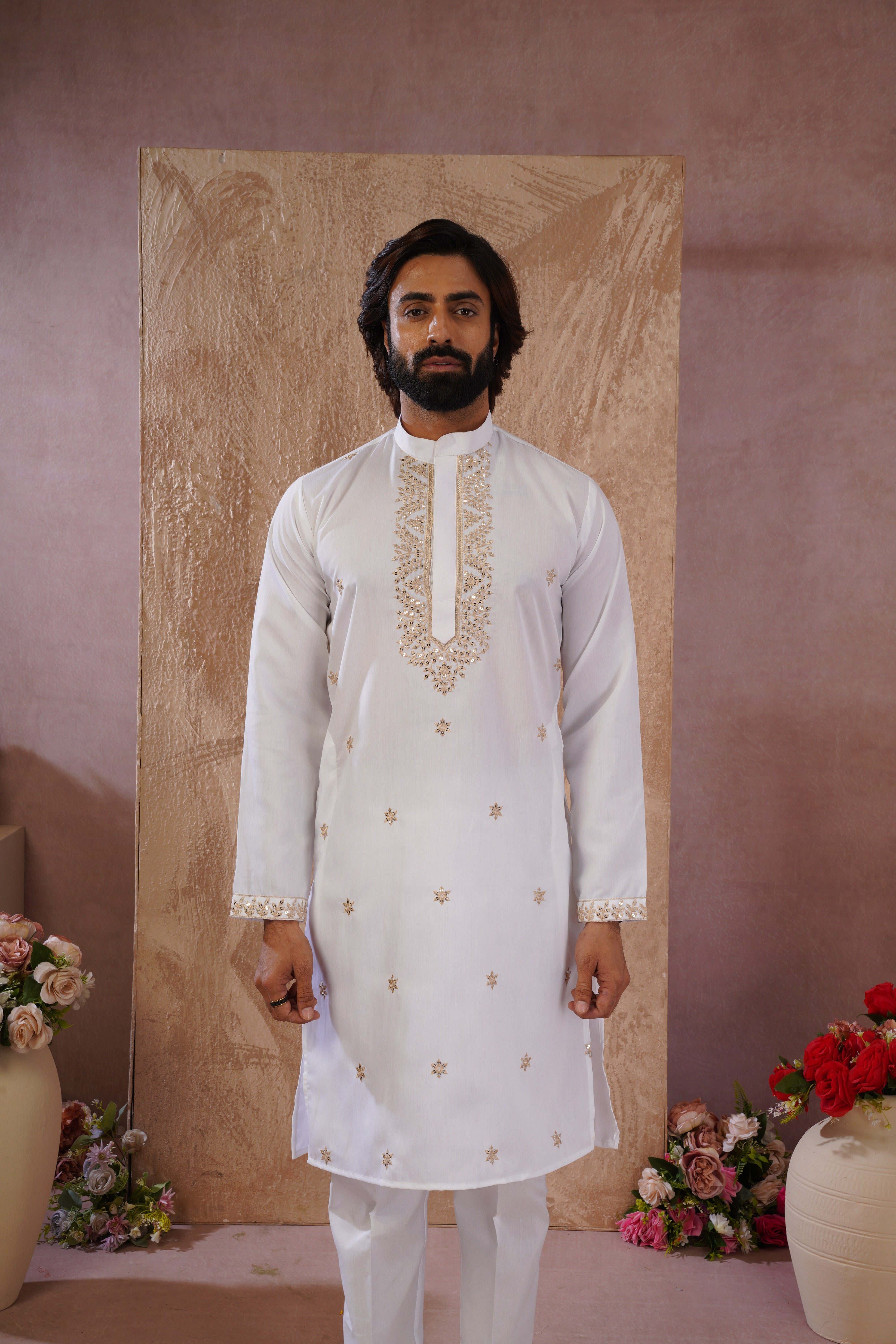 Latte Sequin Motif Neckwork Embroidery Kurta Set