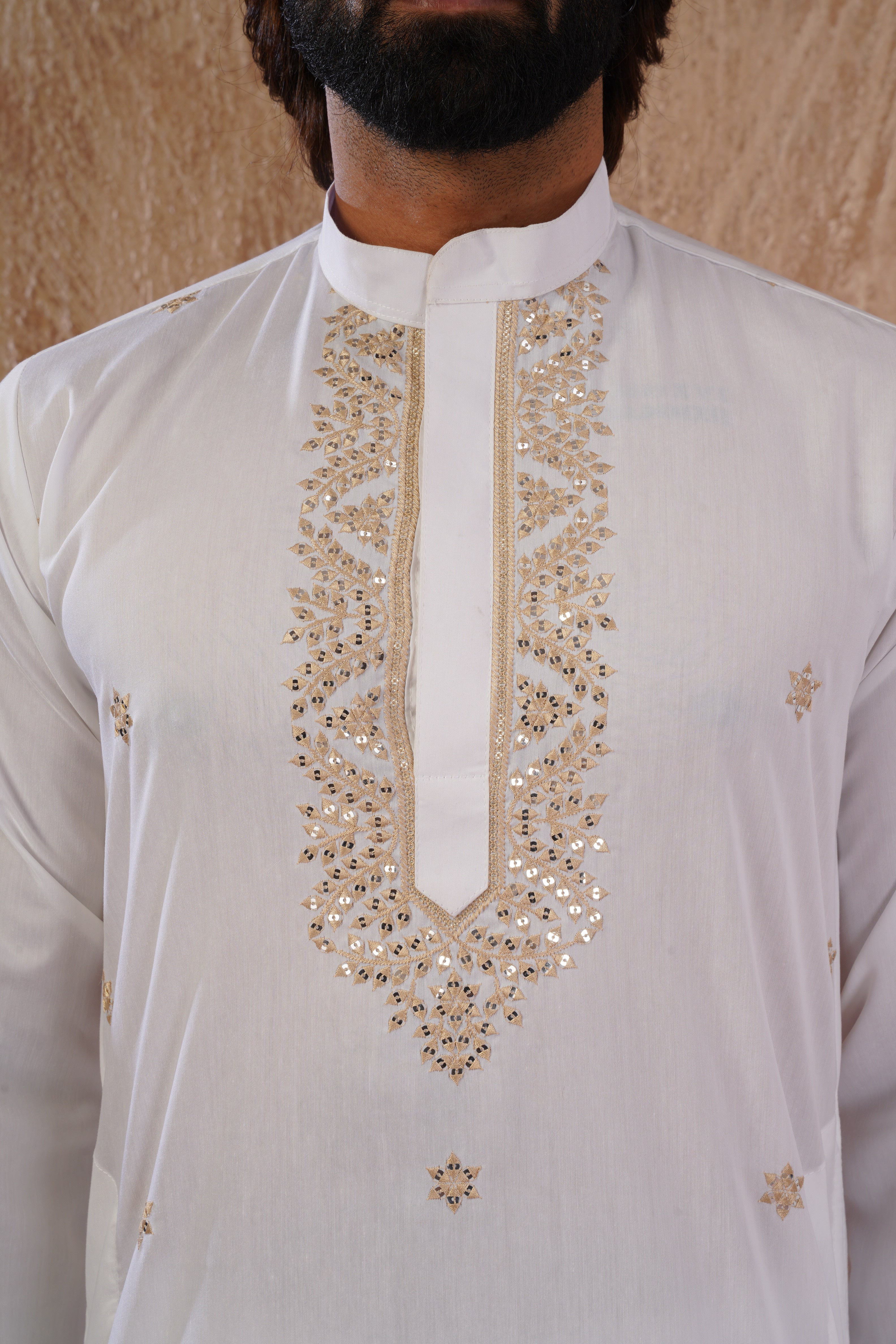 Latte Sequin Motif Neckwork Embroidery Kurta Set