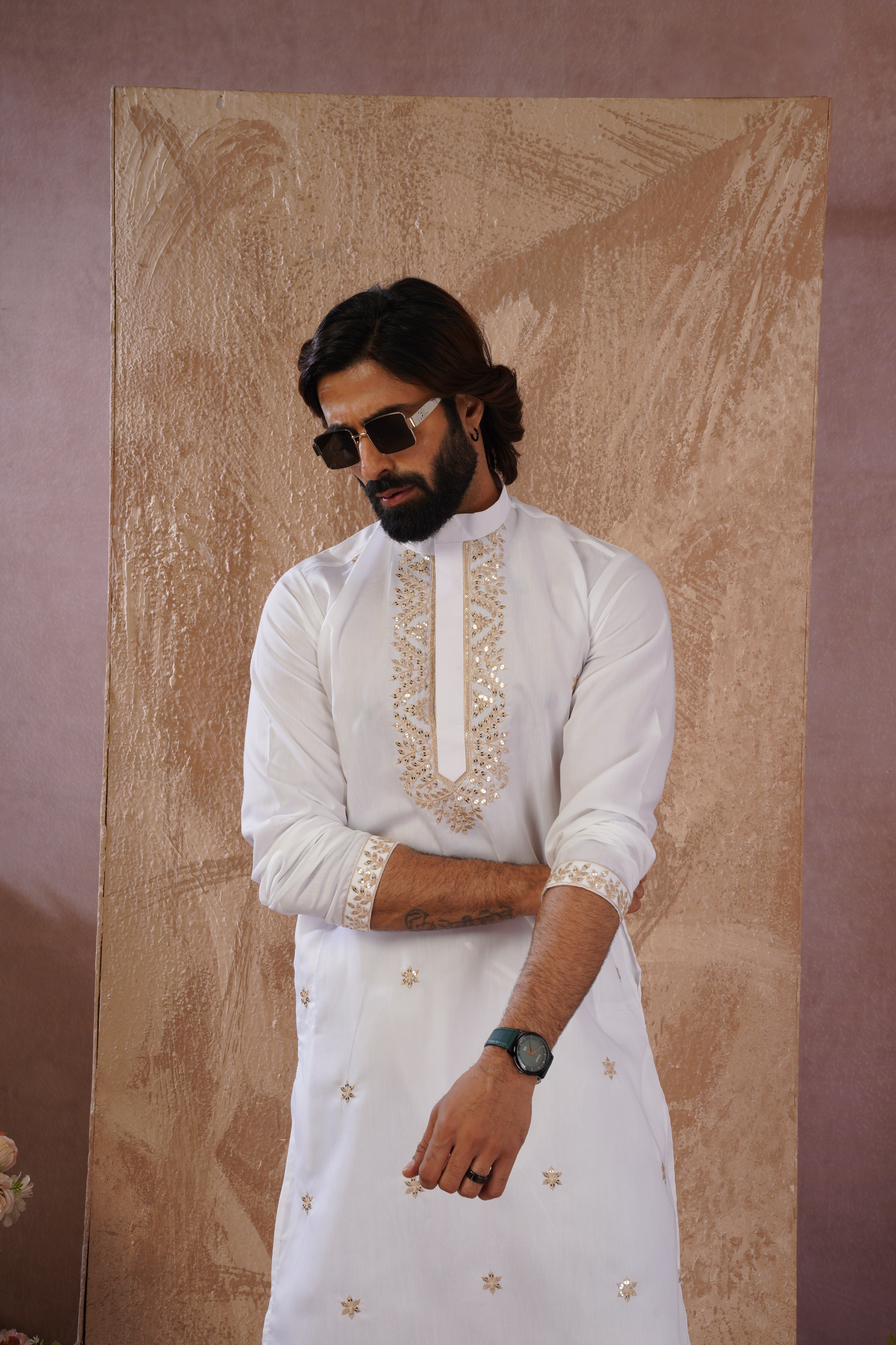 Latte Sequin Motif Neckwork Embroidery Kurta Set