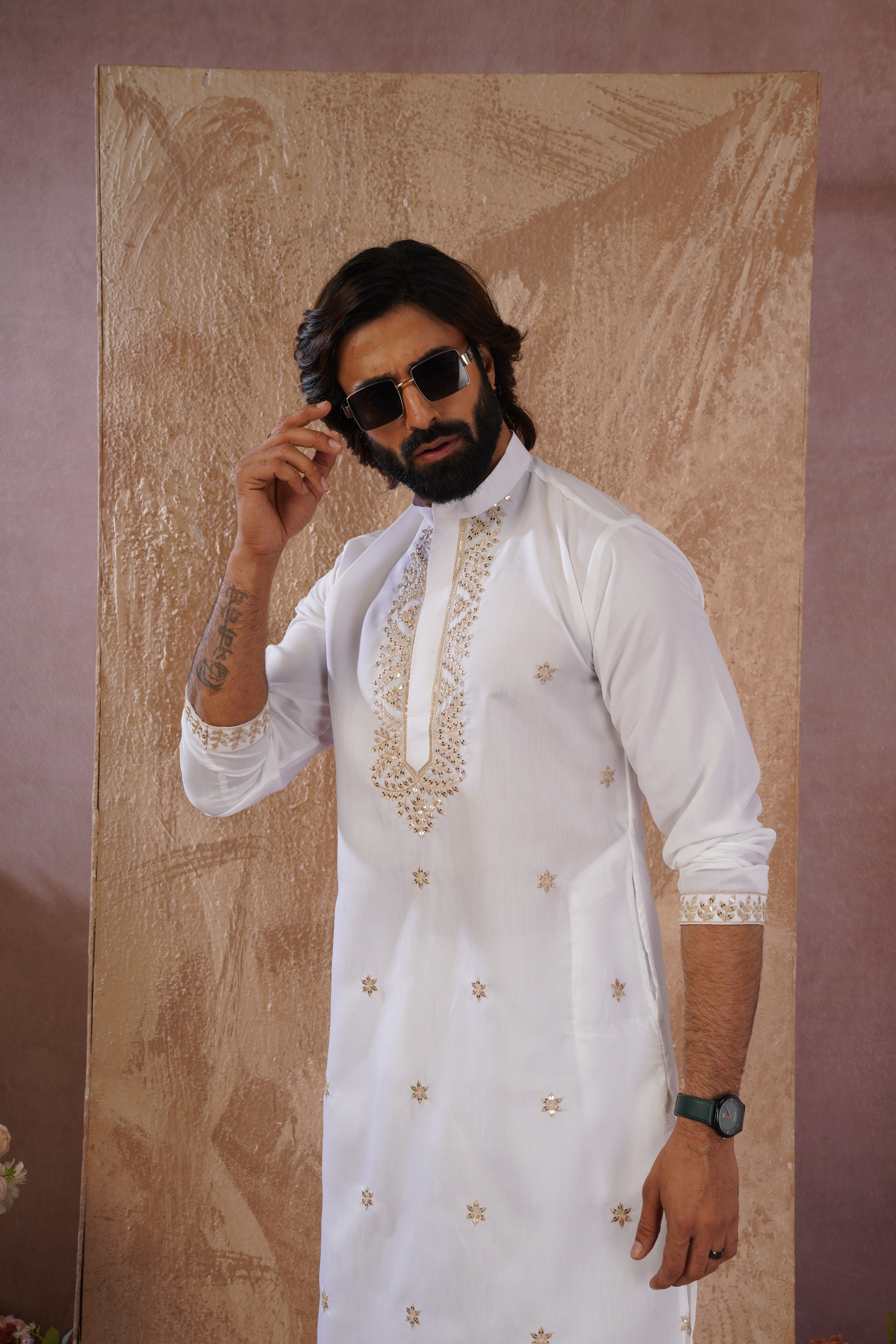 Latte Sequin Motif Neckwork Embroidery Kurta Set