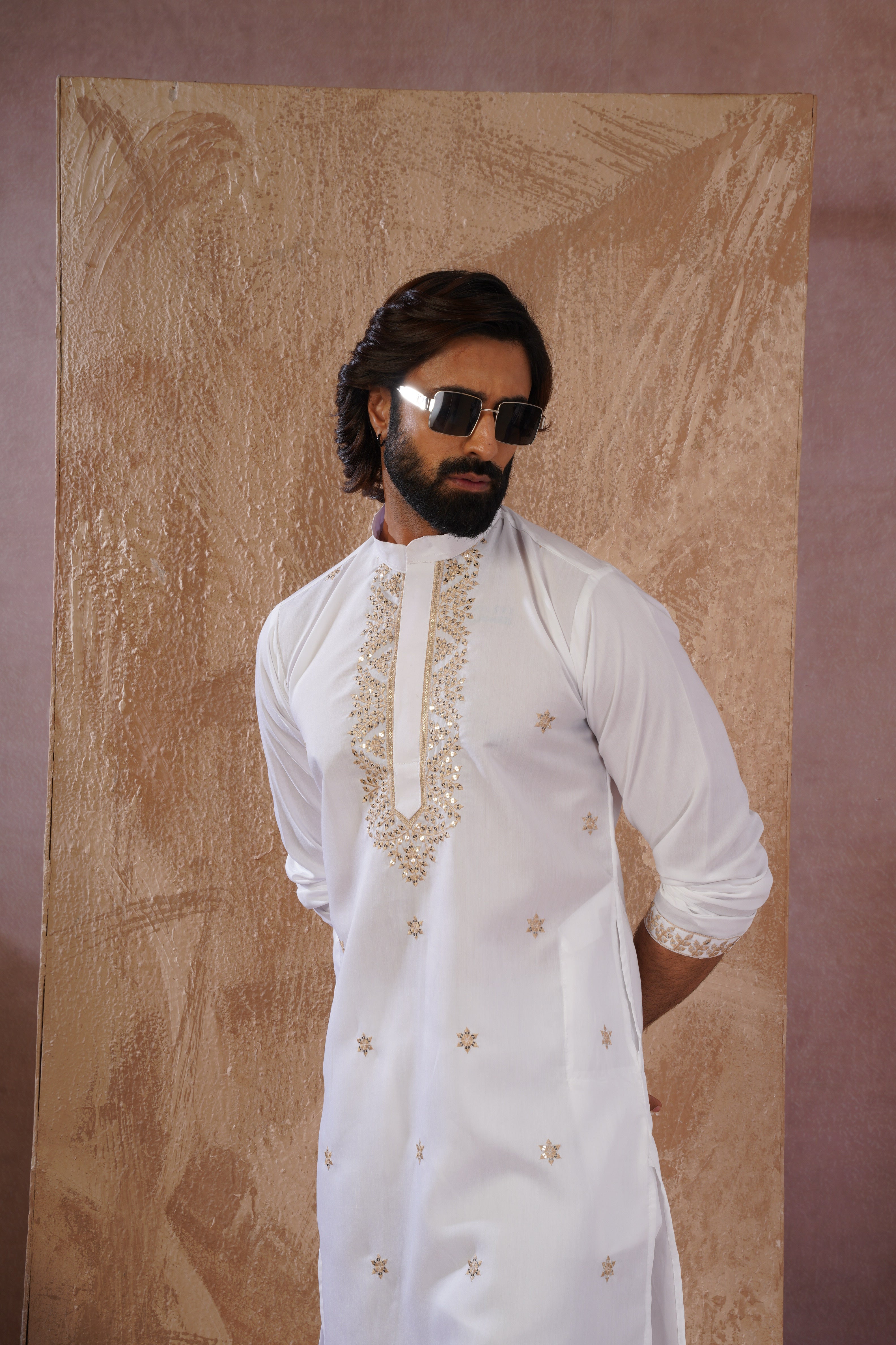 Latte Sequin Motif Neckwork Embroidery Kurta Set