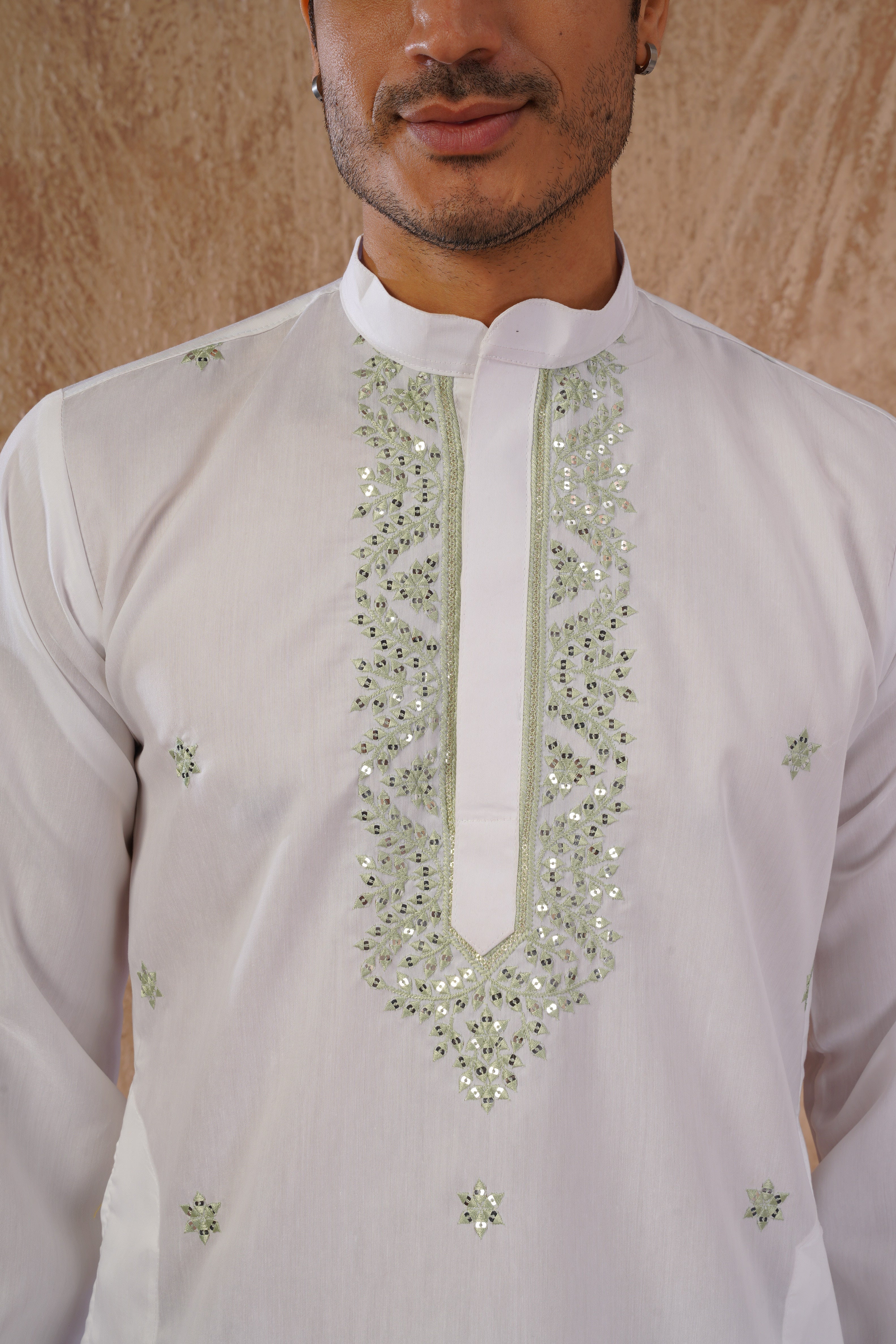 Green Sequin Motif Neckwork Embroidery Kurta Set
