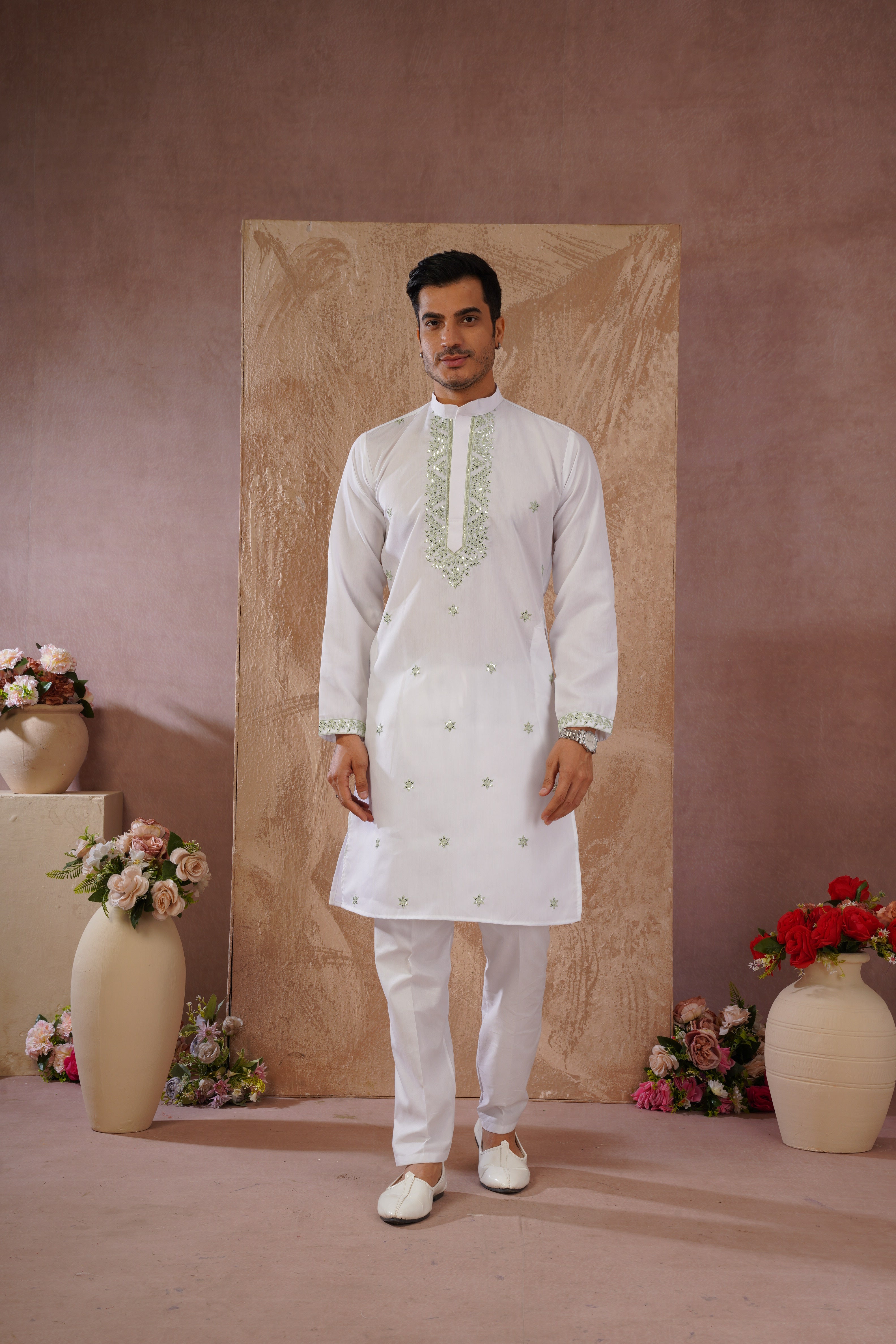 Green Sequin Motif Neckwork Embroidery Kurta Set