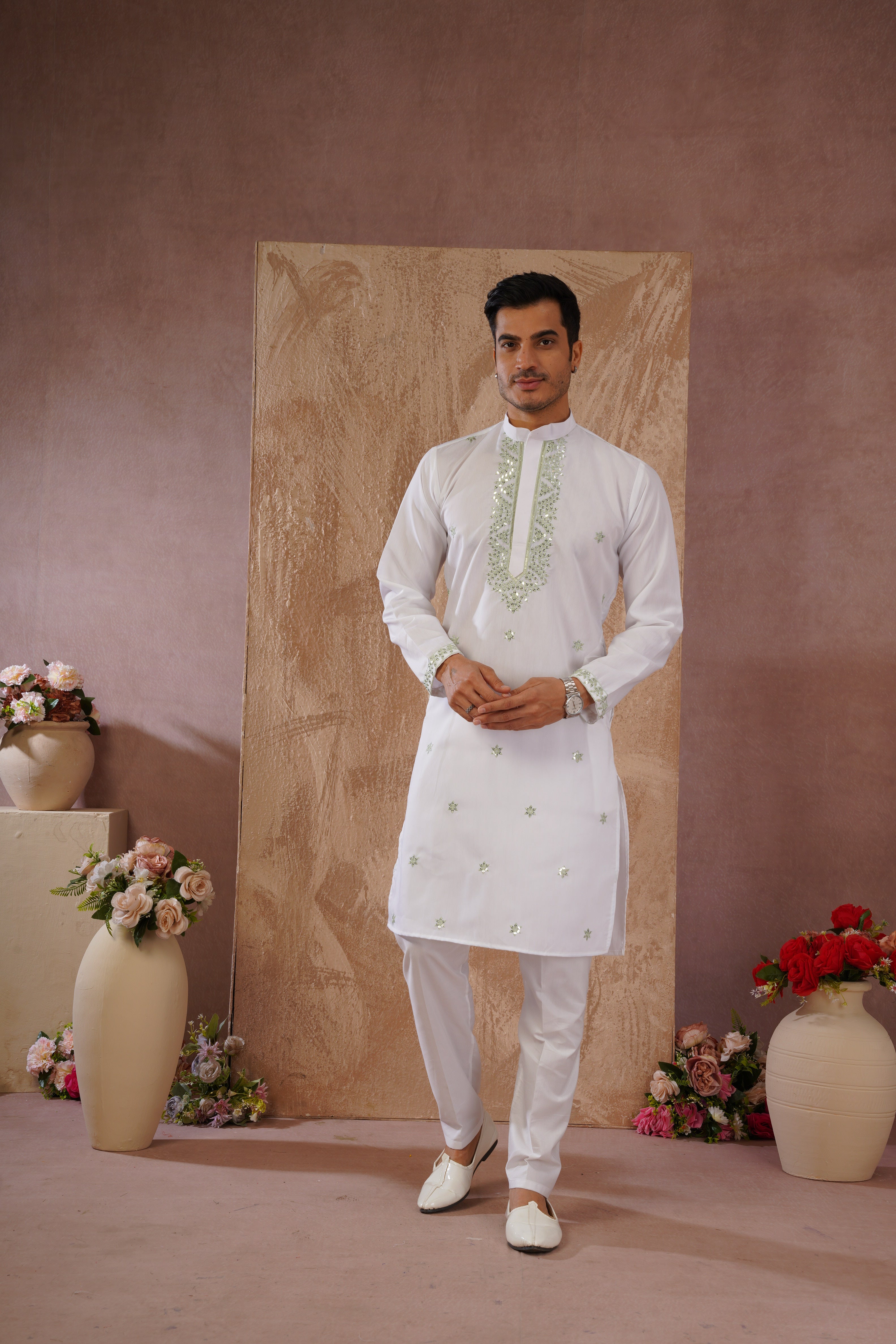 Green Sequin Motif Neckwork Embroidery Kurta Set