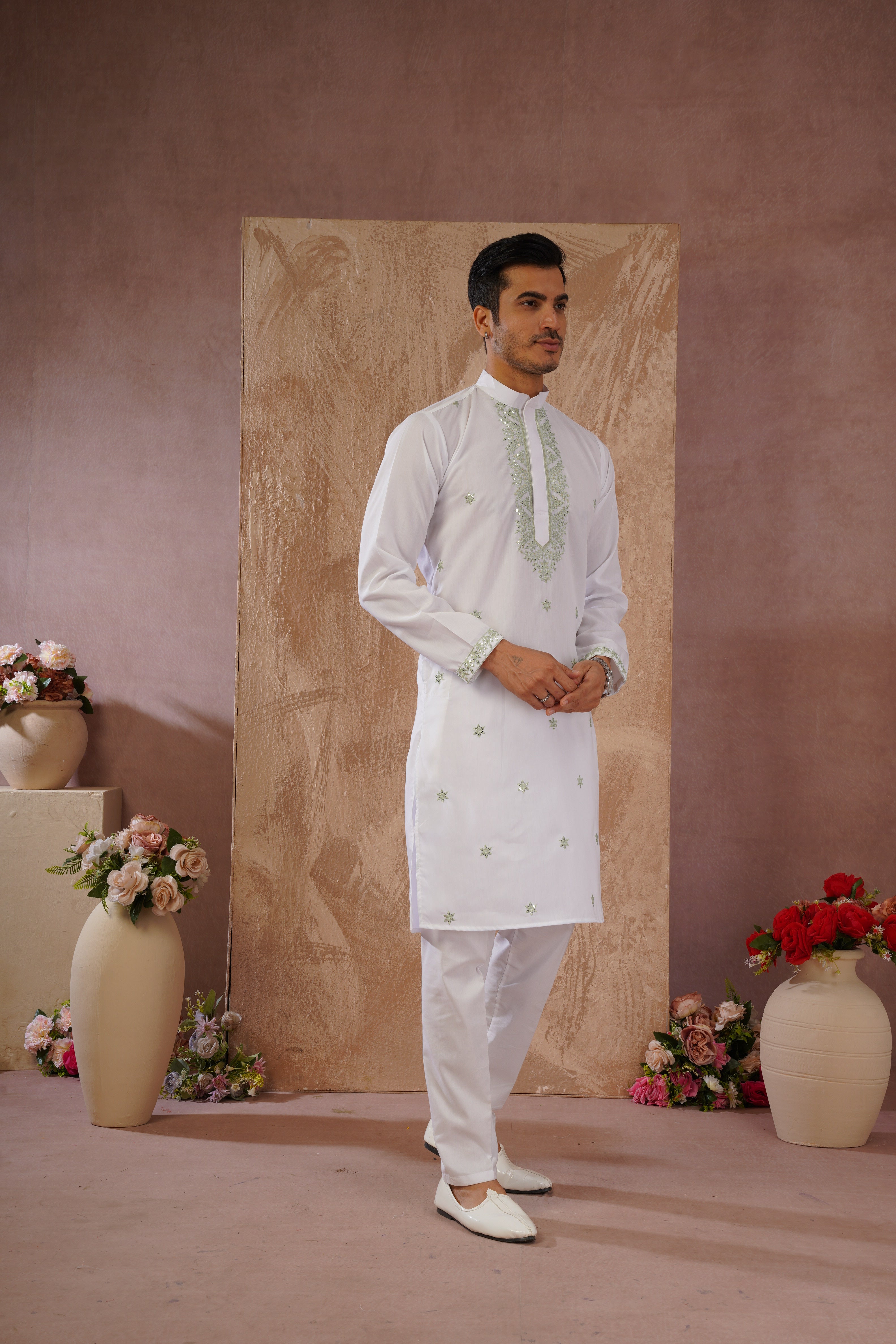 Green Sequin Motif Neckwork Embroidery Kurta Set