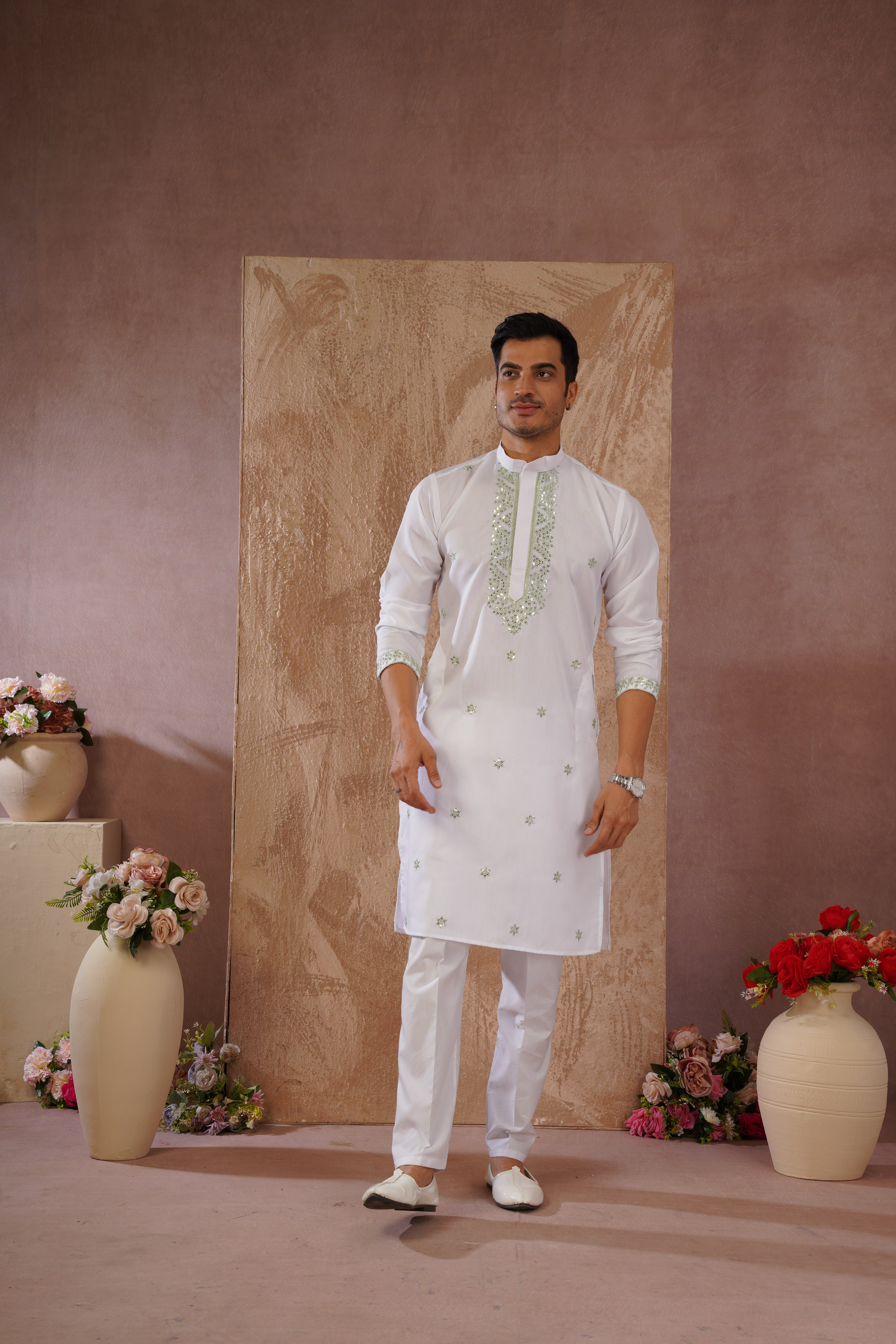 Green Sequin Motif Neckwork Embroidery Kurta Set