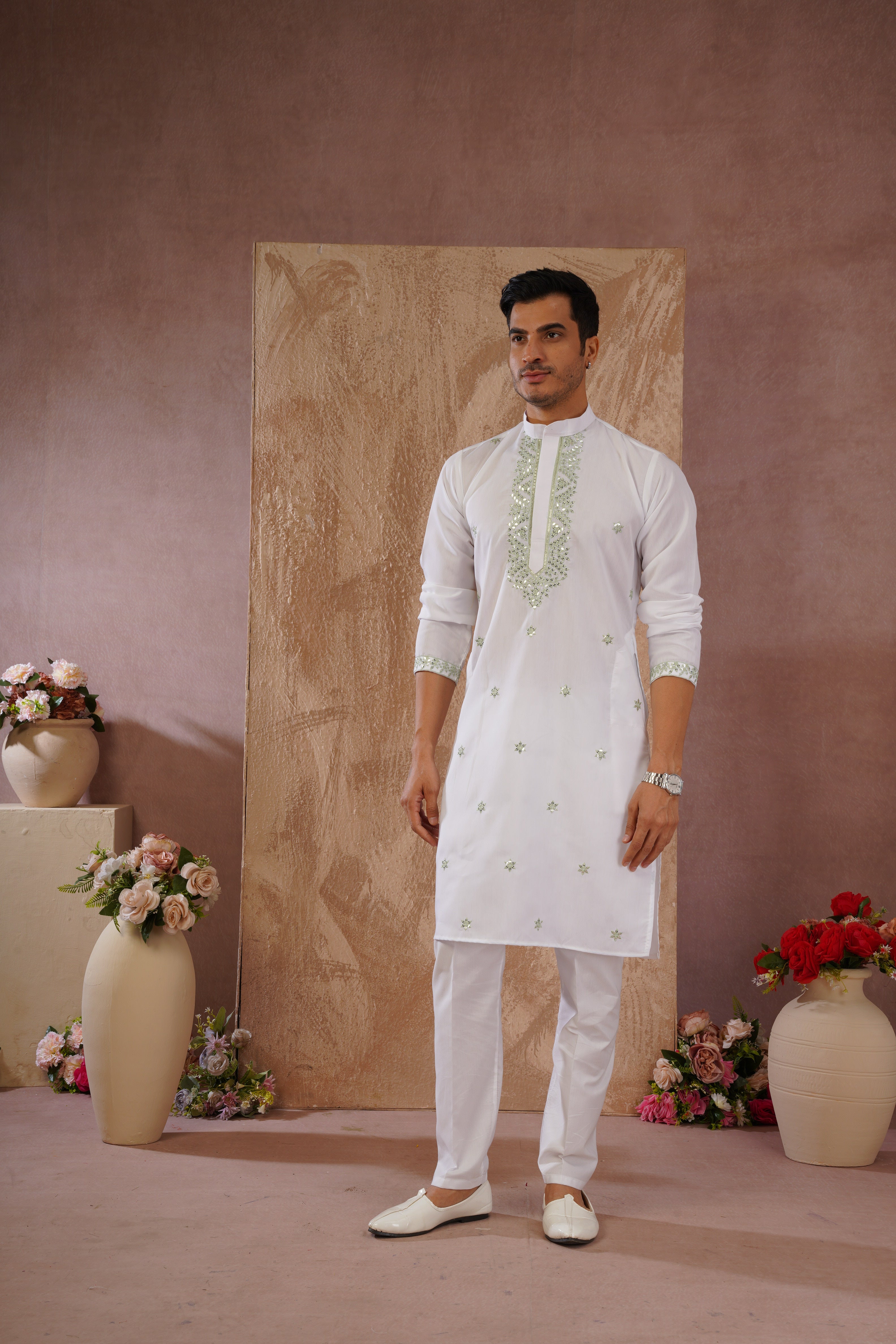 Green Sequin Motif Neckwork Embroidery Kurta Set