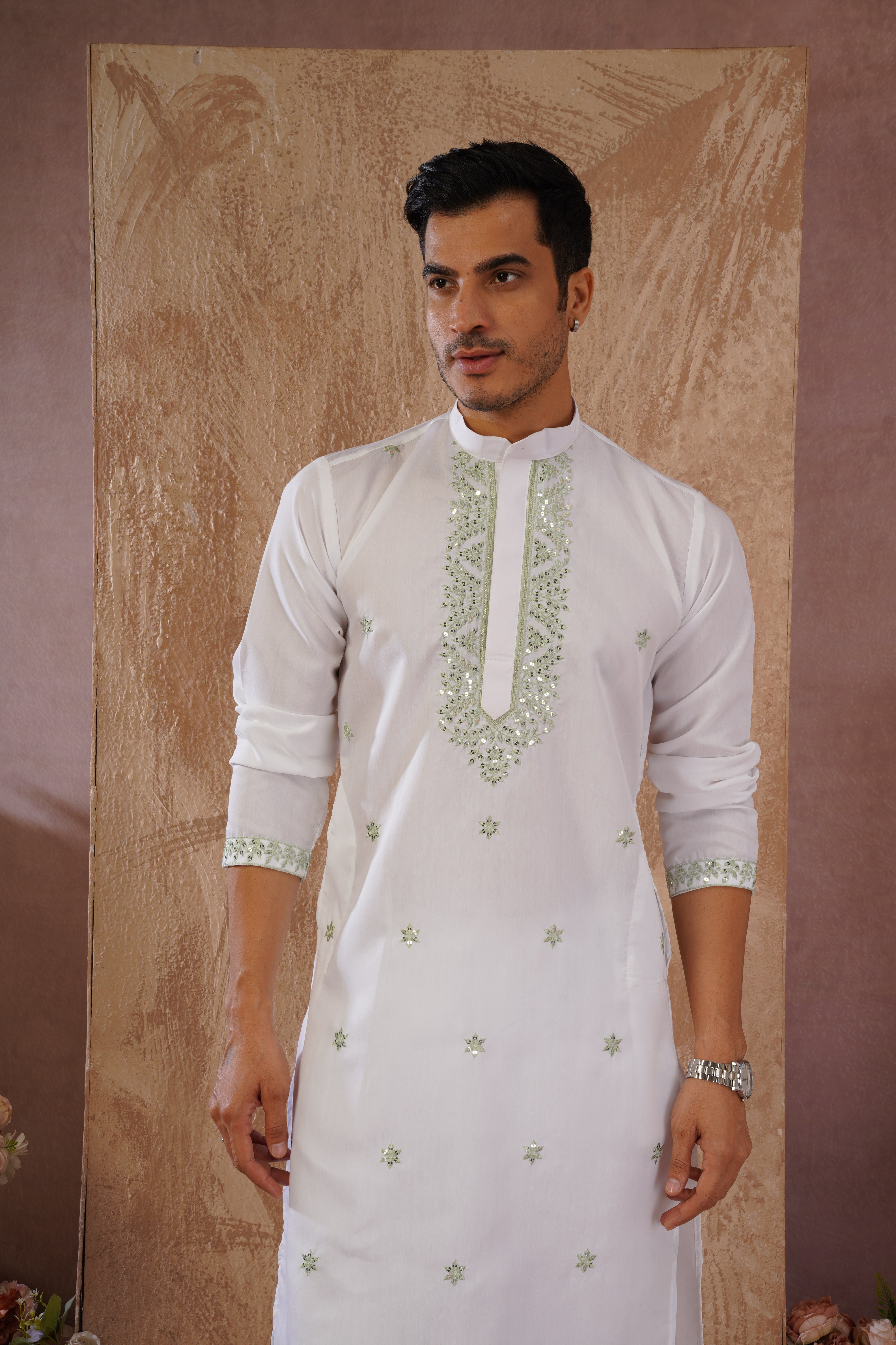 Green Sequin Motif Neckwork Embroidery Kurta Set