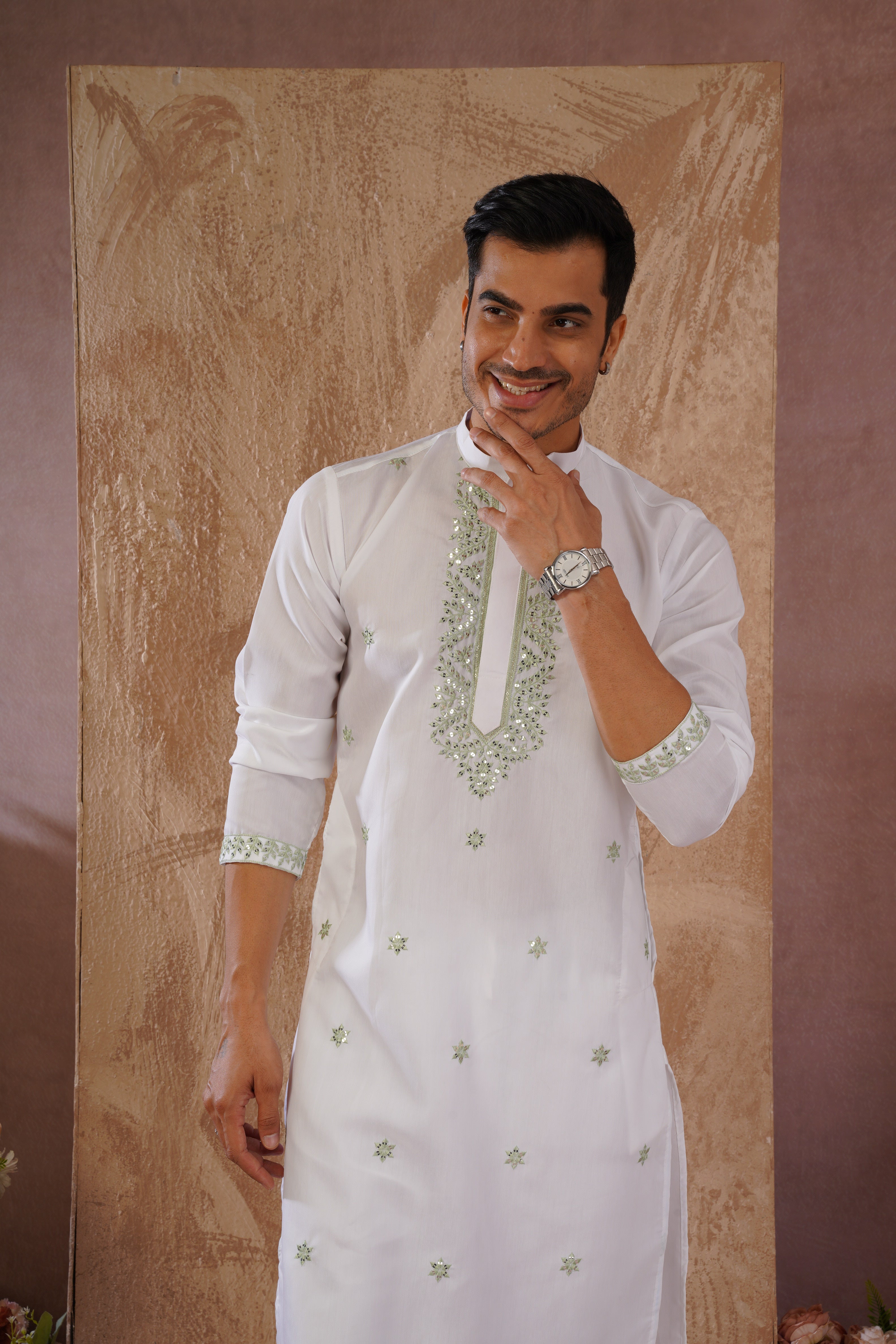 Green Sequin Motif Neckwork Embroidery Kurta Set