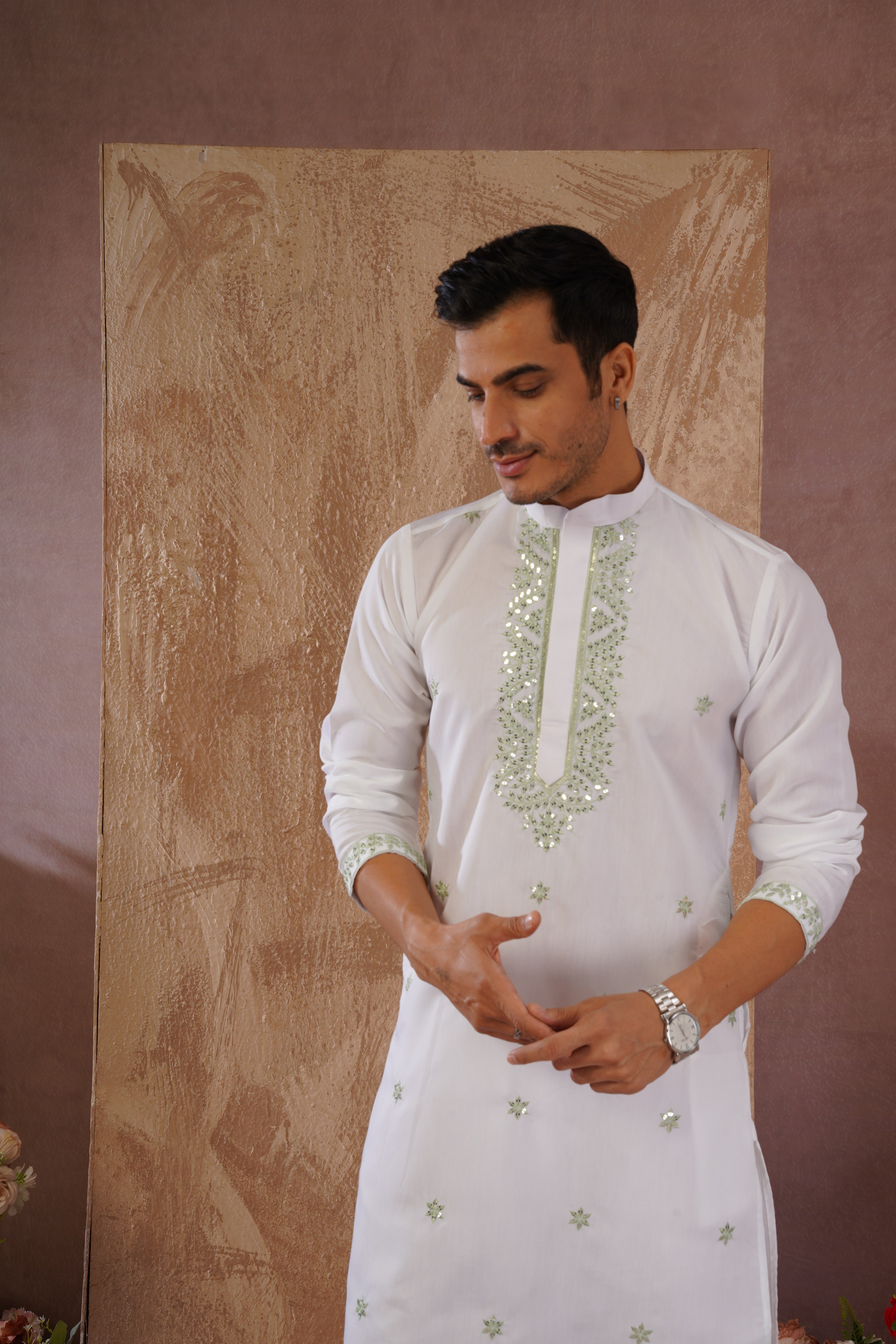 Green Sequin Motif Neckwork Embroidery Kurta Set