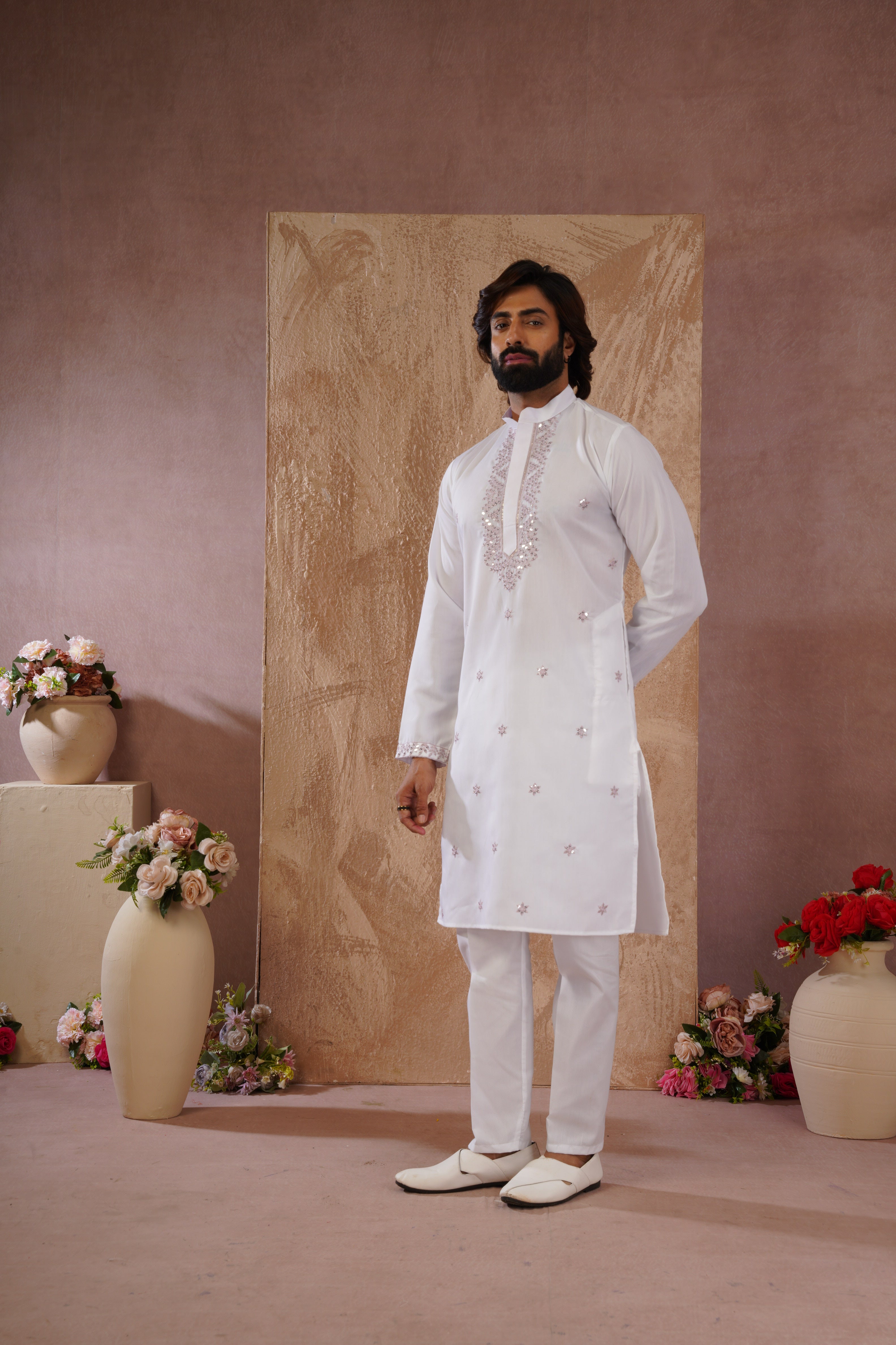 Pink Sequin Motif Neckwork Embroidery Kurta Set