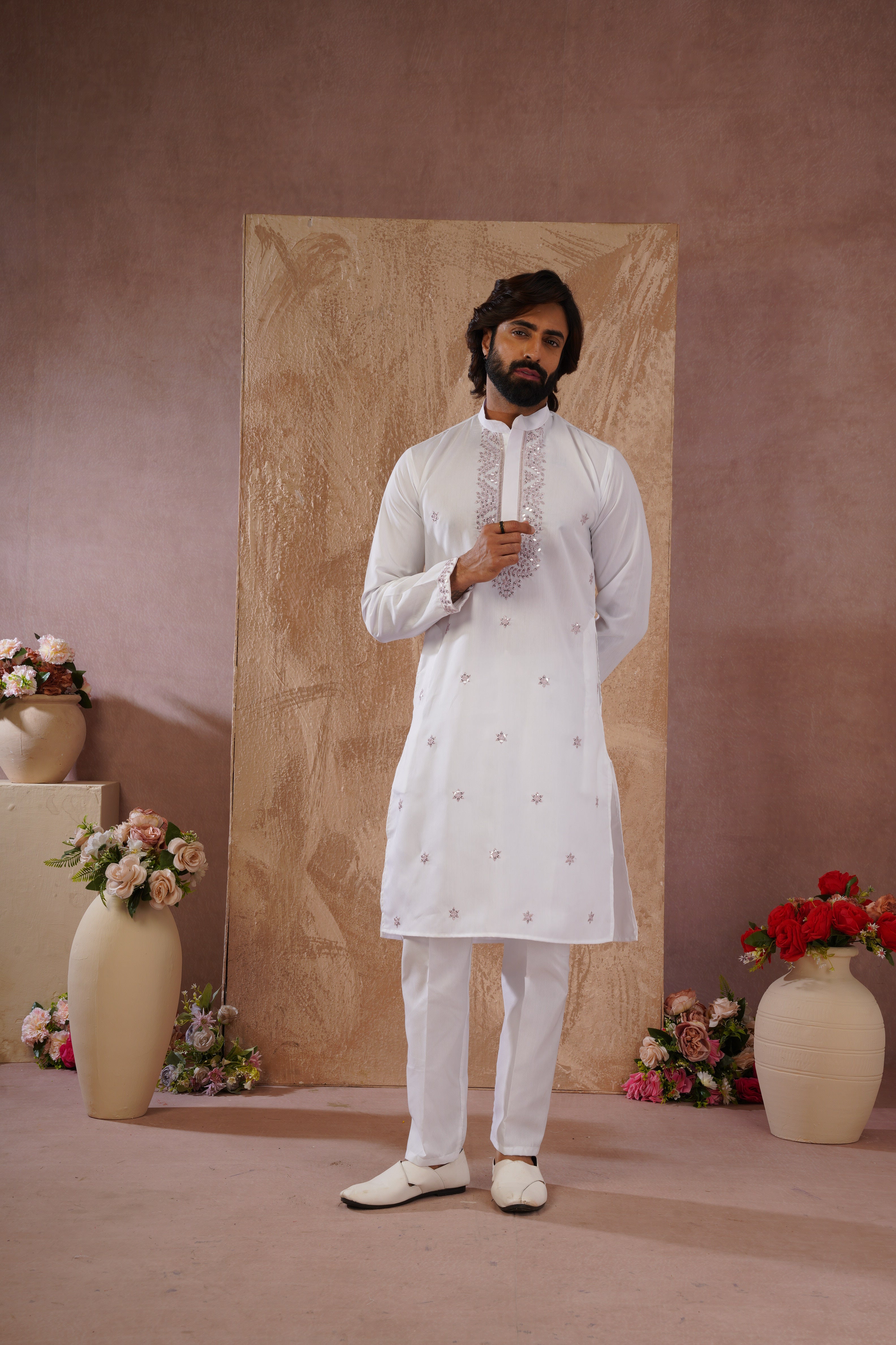 Pink Sequin Motif Neckwork Embroidery Kurta Set