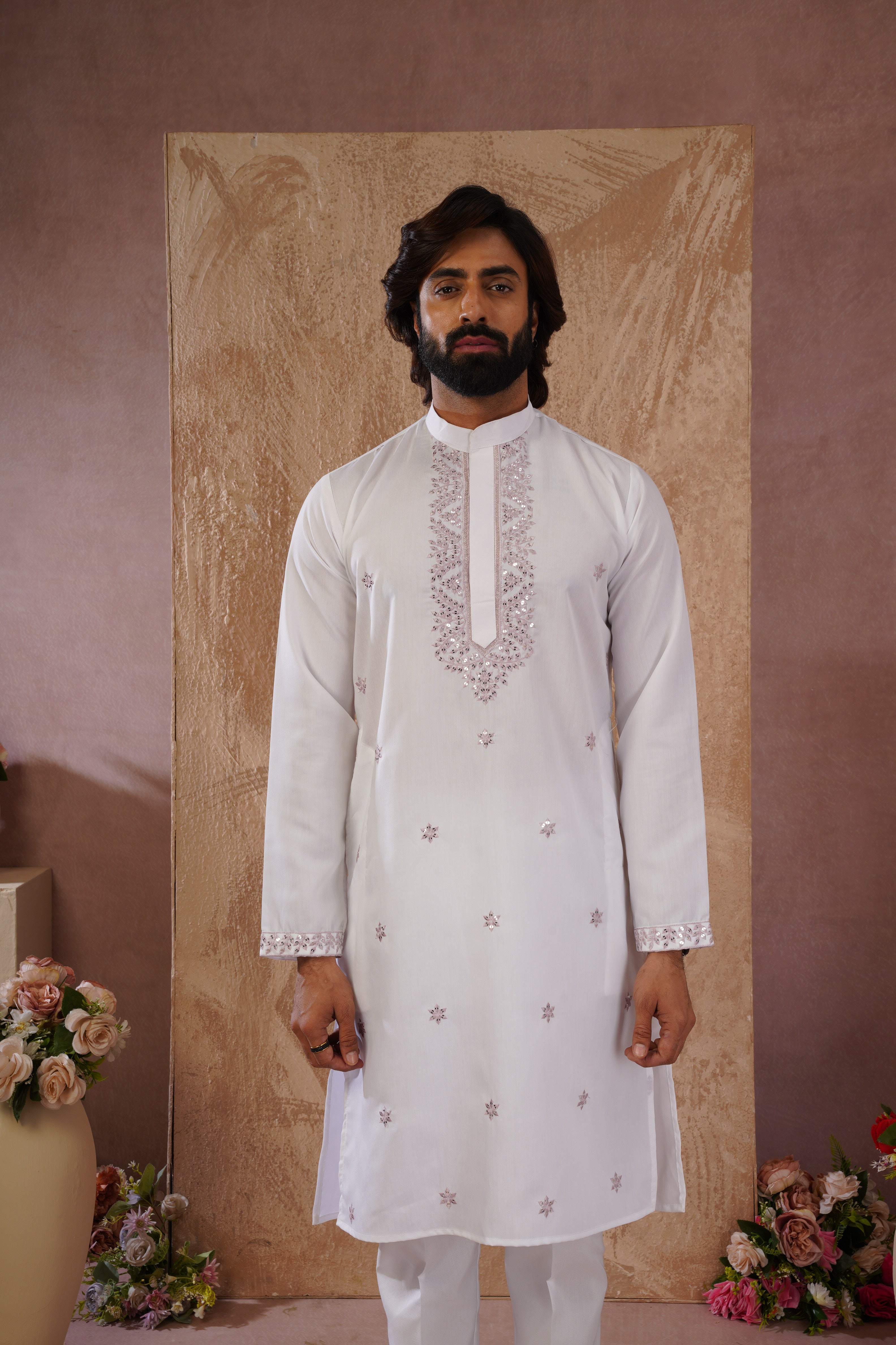 Pink Sequin Motif Neckwork Embroidery Kurta Set