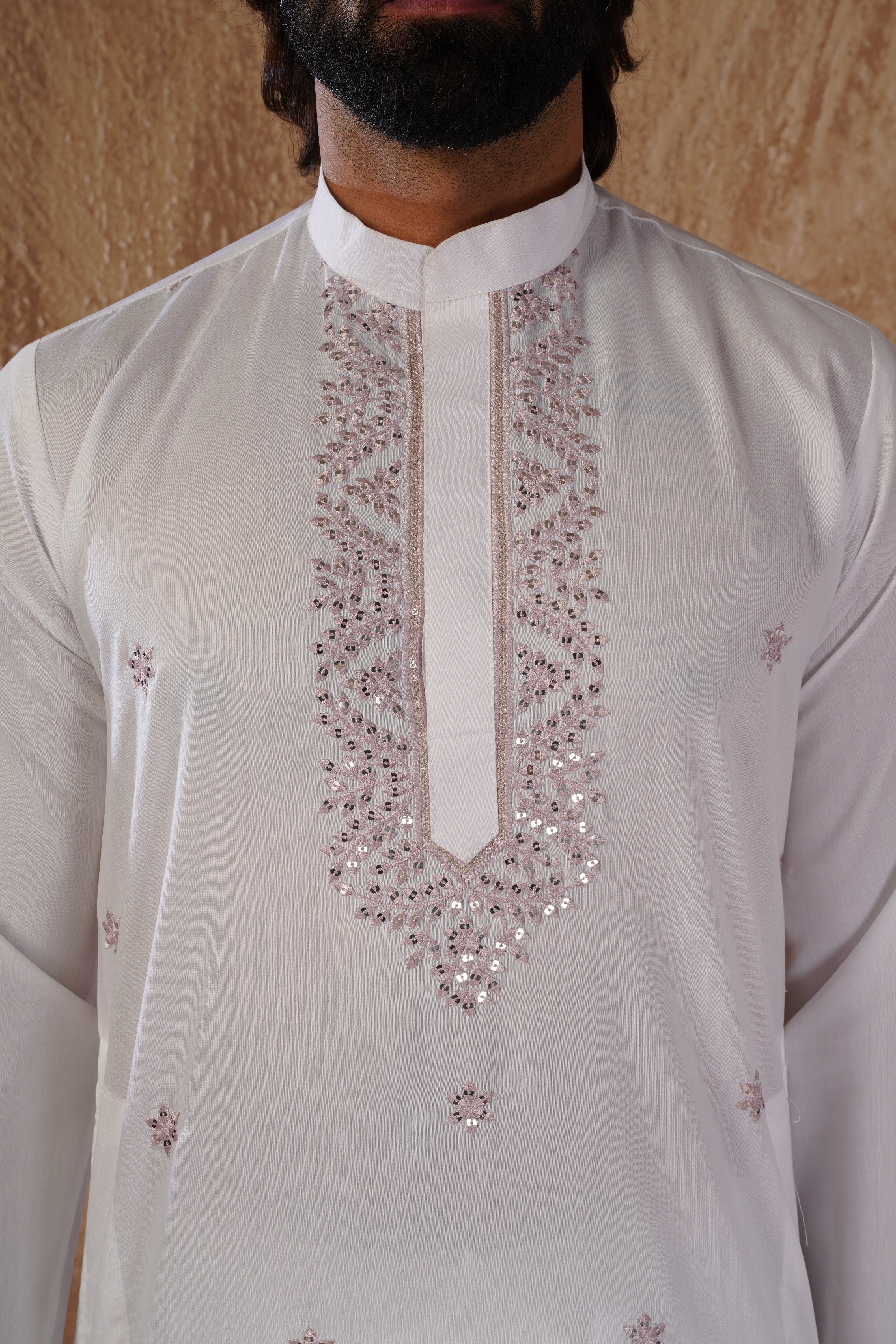 Pink Sequin Motif Neckwork Embroidery Kurta Set