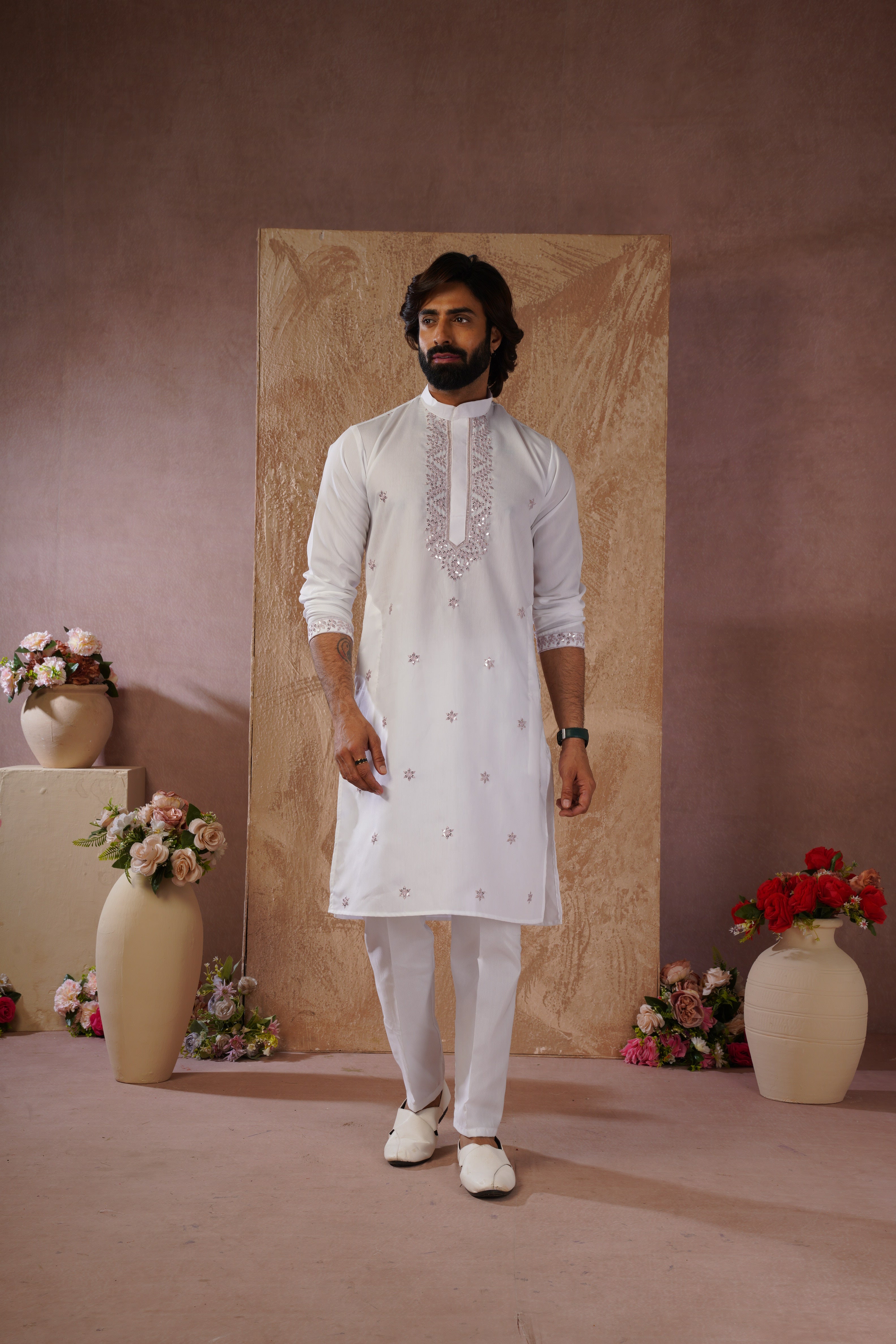 Pink Sequin Motif Neckwork Embroidery Kurta Set