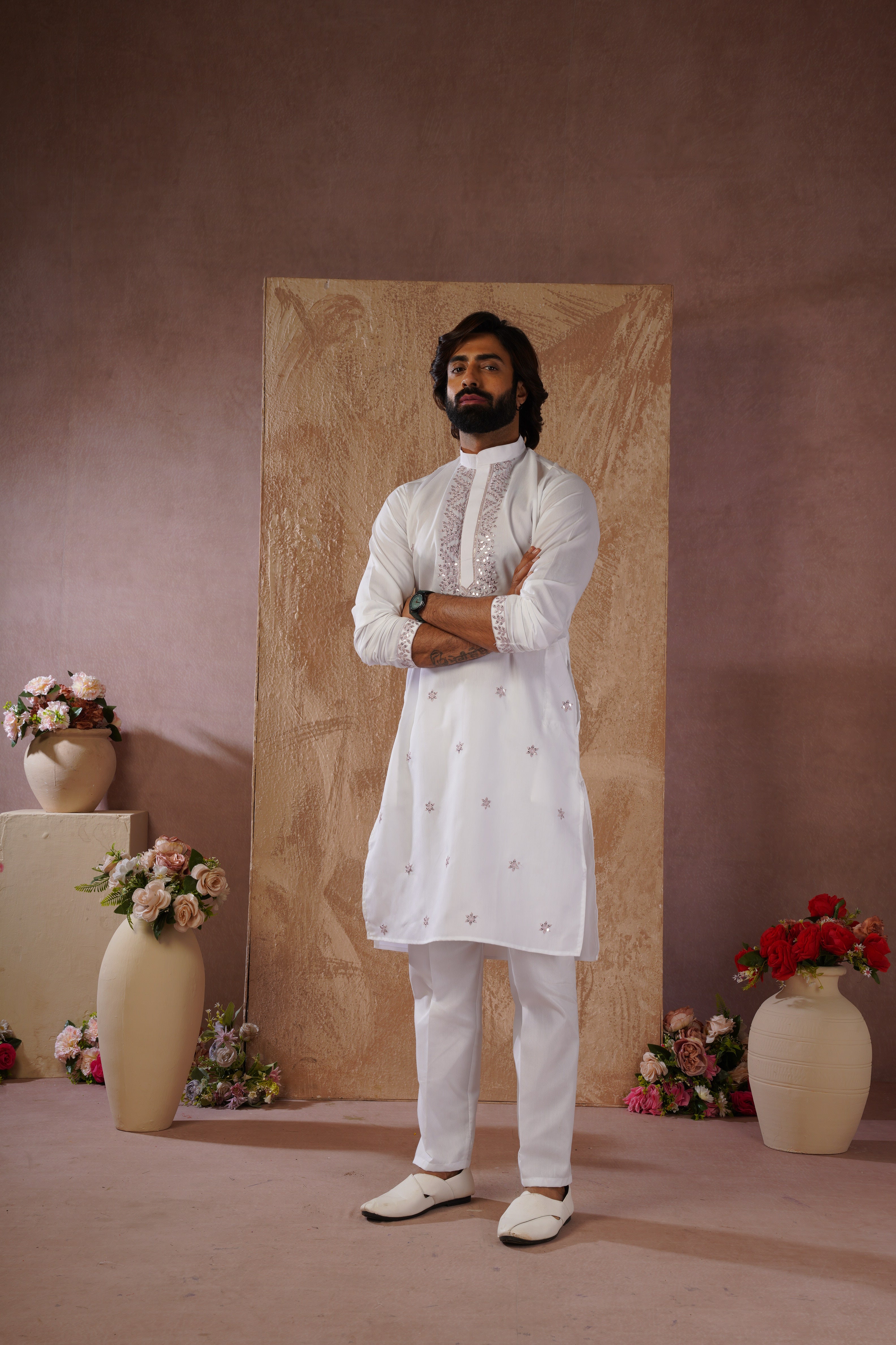 Pink Sequin Motif Neckwork Embroidery Kurta Set