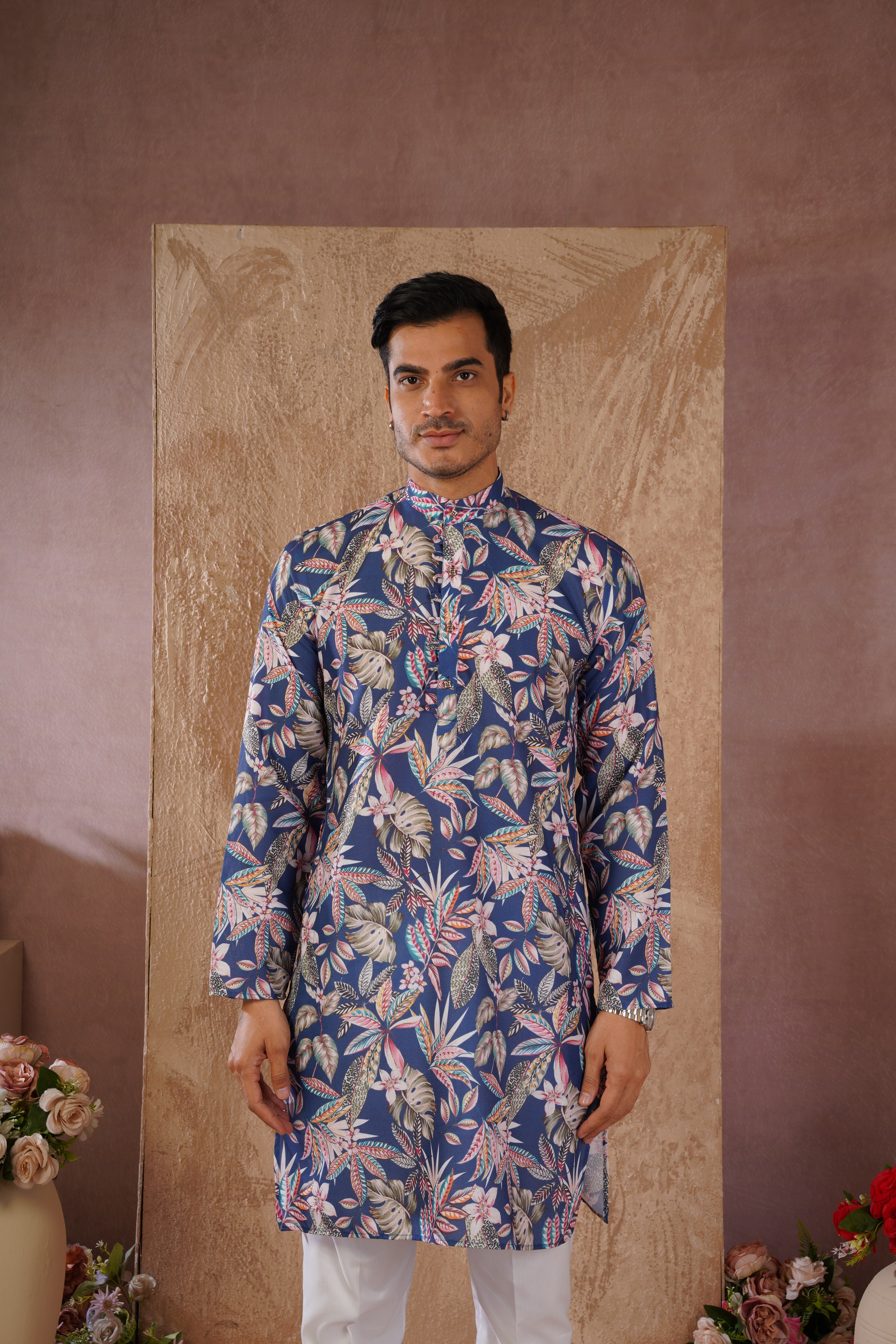 Tropical Printed Blue Kurta Set for Men
