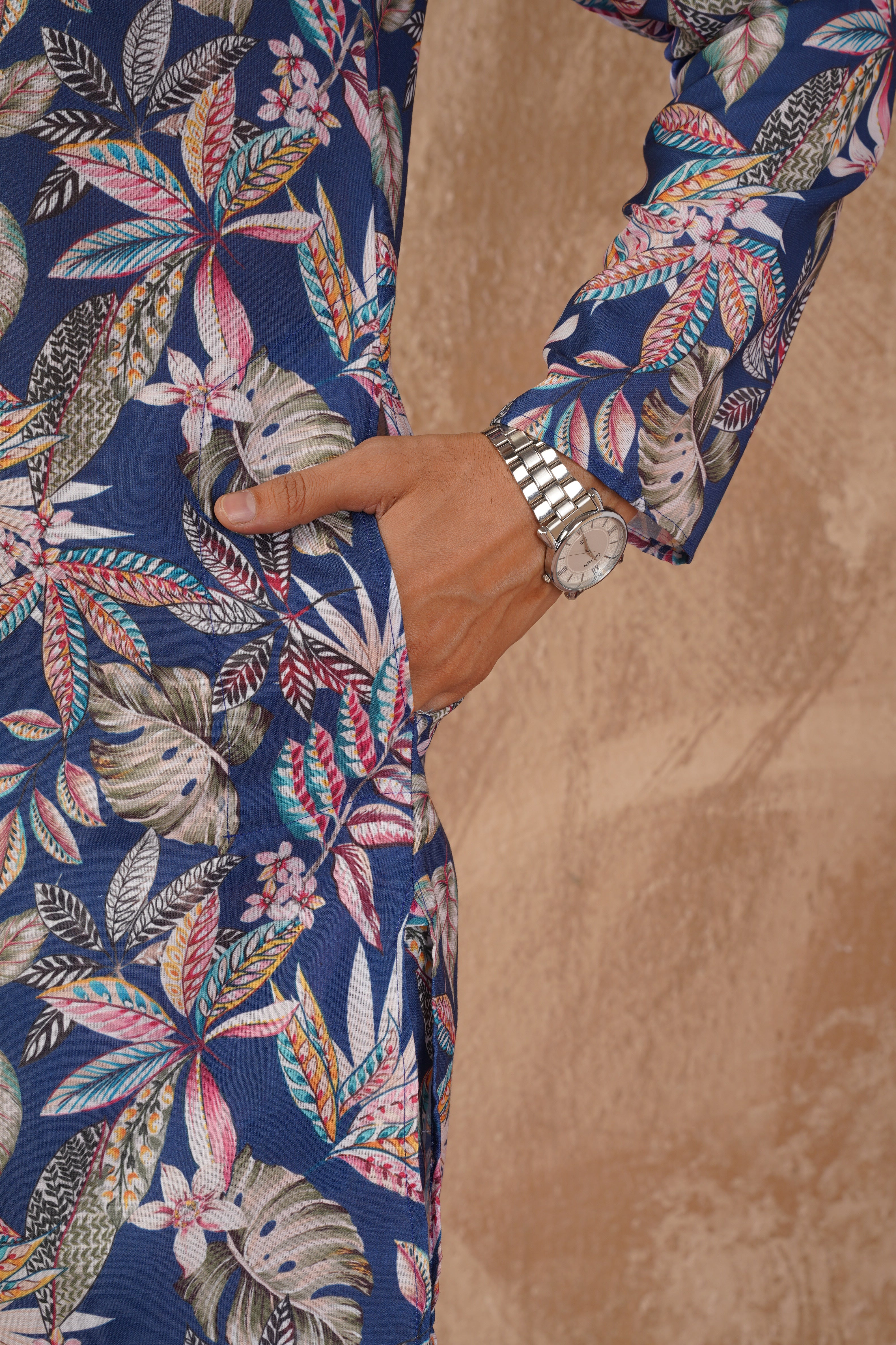 Tropical Printed Blue Kurta Set for Men