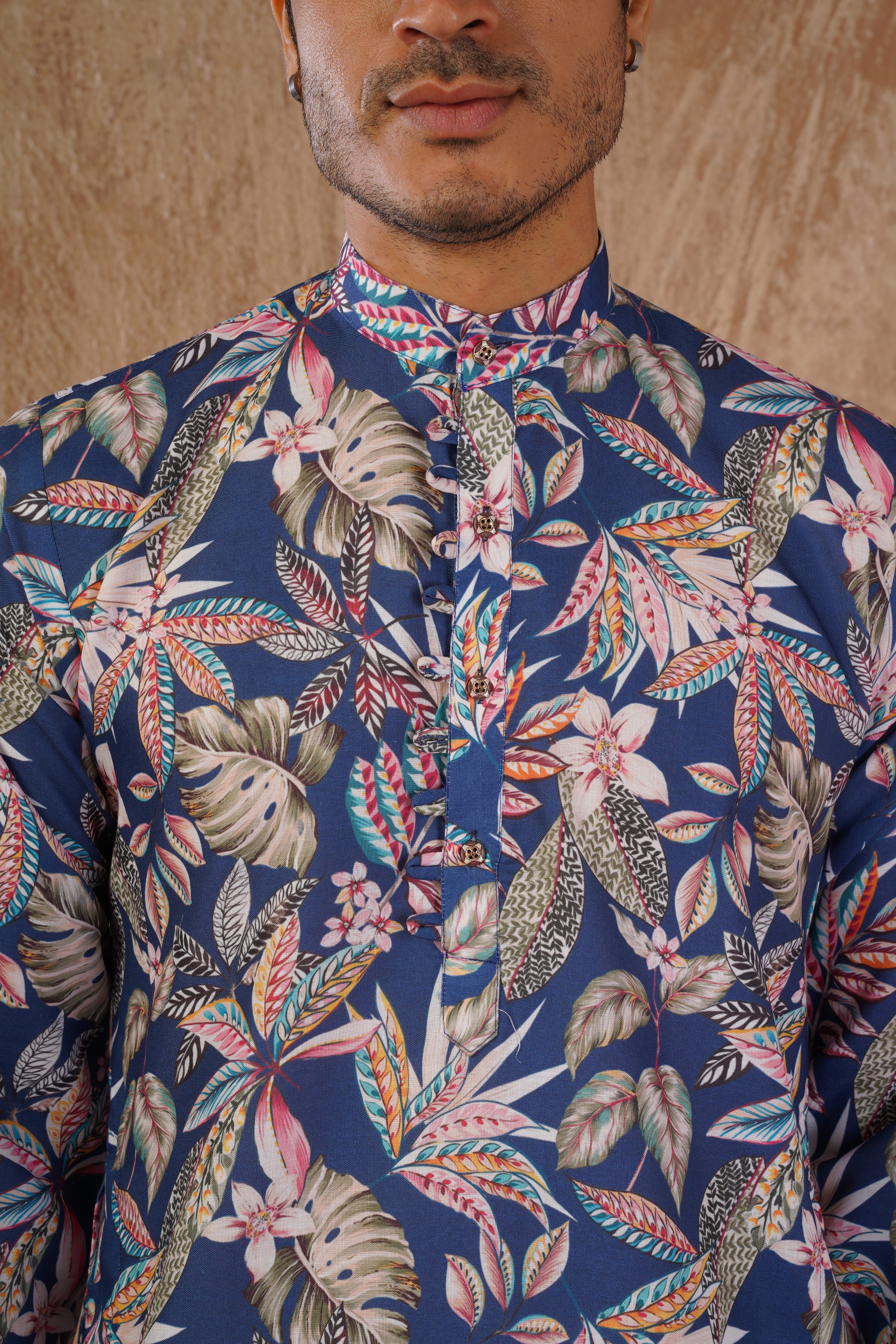 Tropical Printed Blue Kurta Set for Men