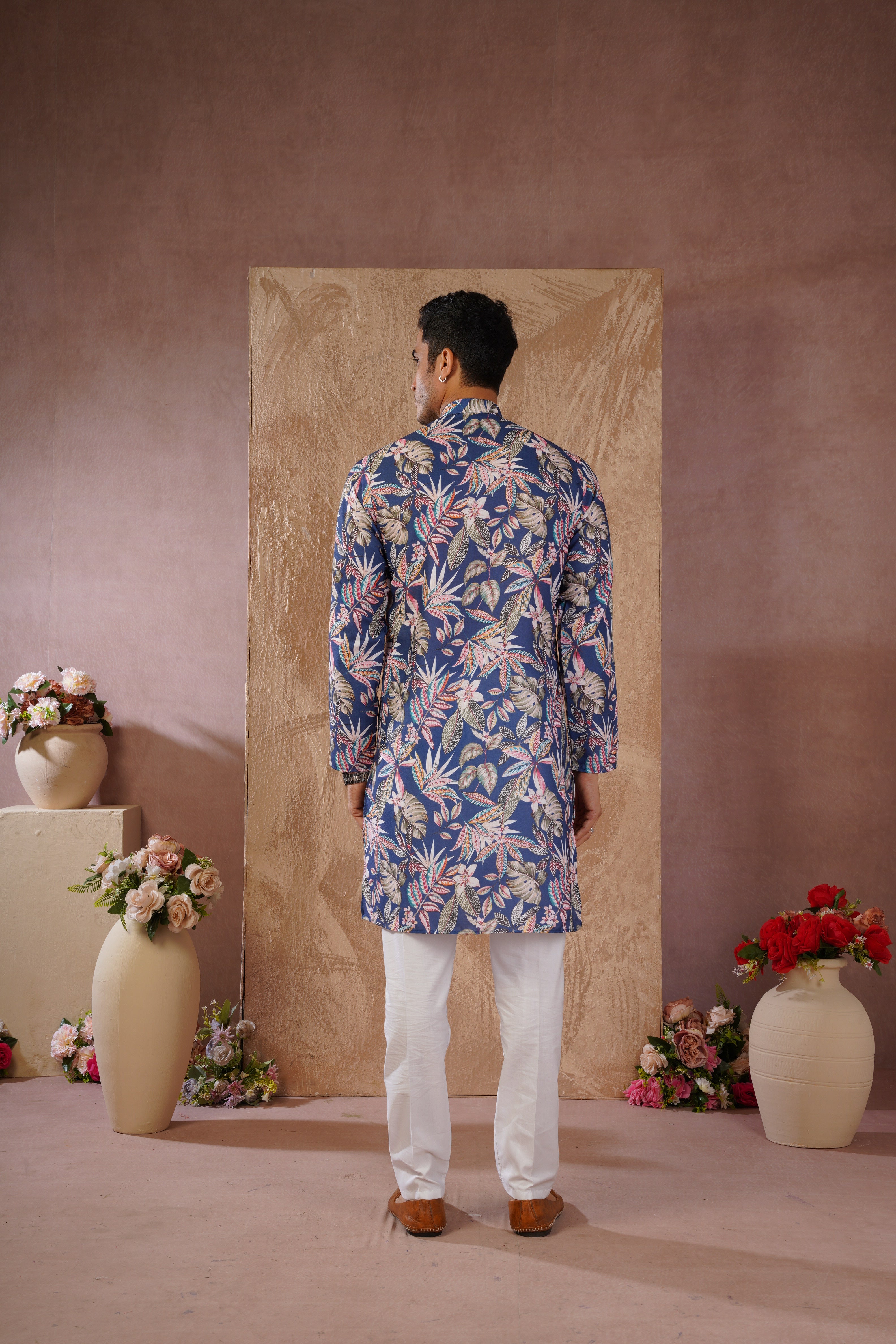 Tropical Printed Blue Kurta Set for Men
