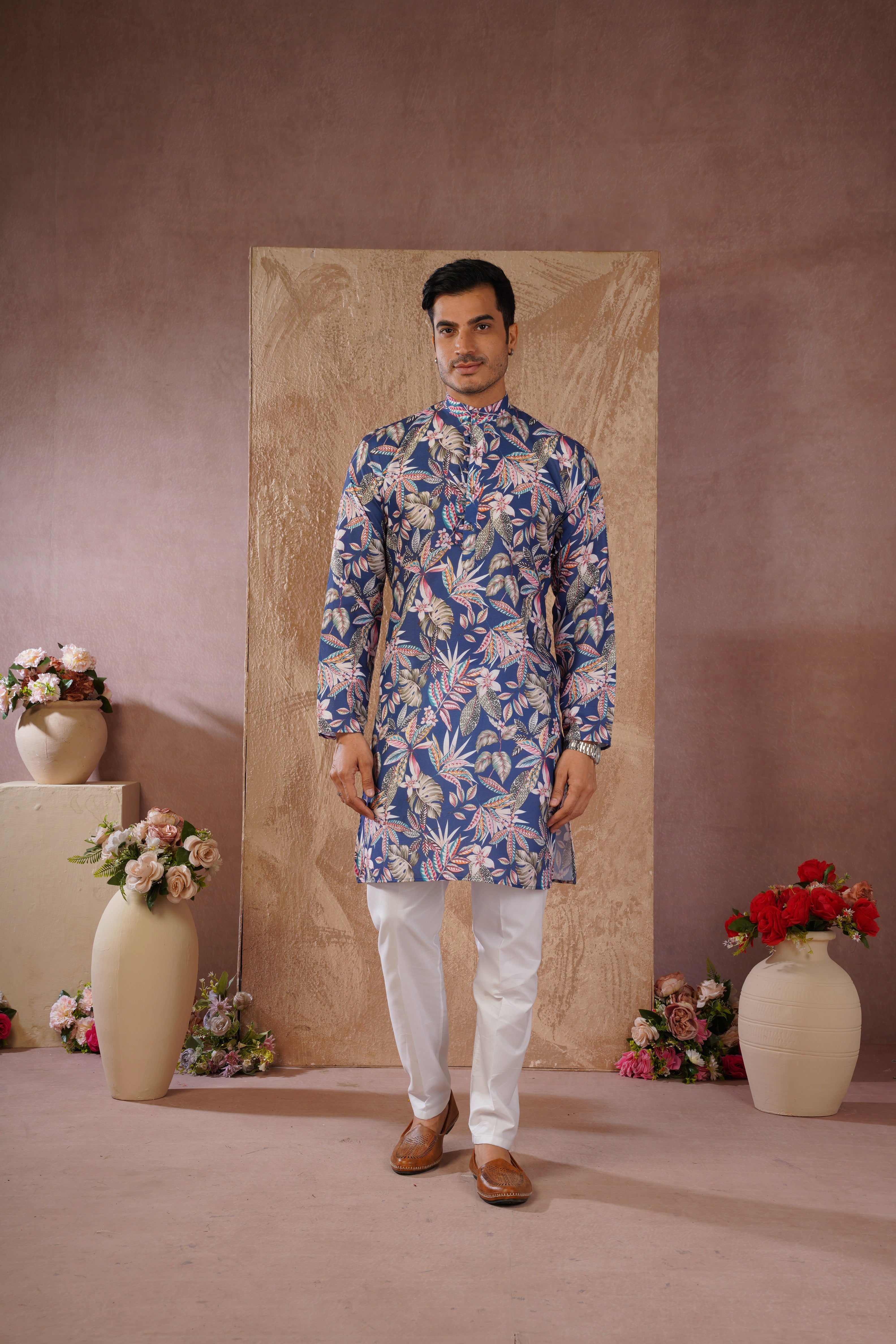 Tropical Printed Blue Kurta Set for Men