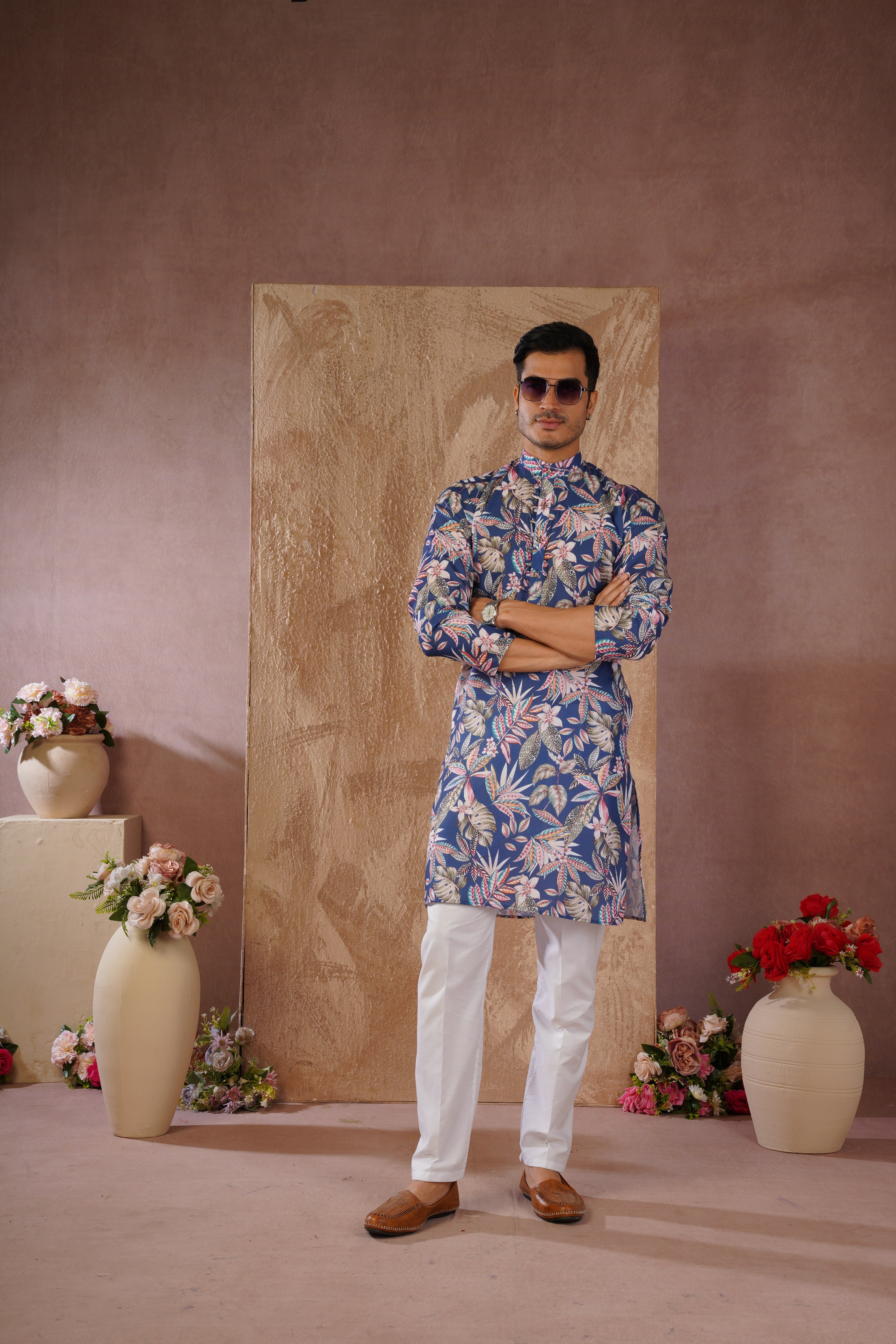 Tropical Printed Blue Kurta Set for Men