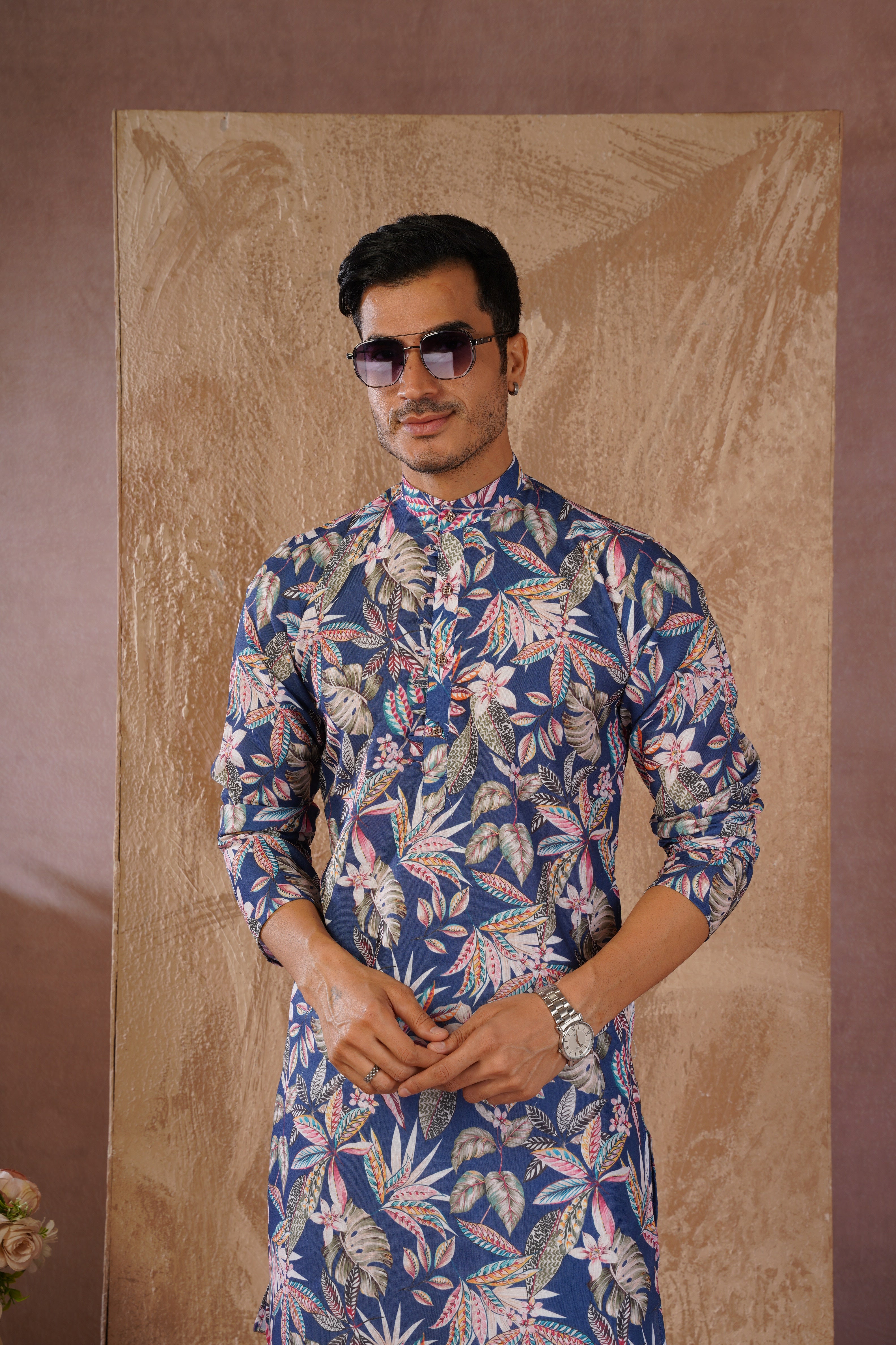Tropical Printed Blue Kurta Set for Men