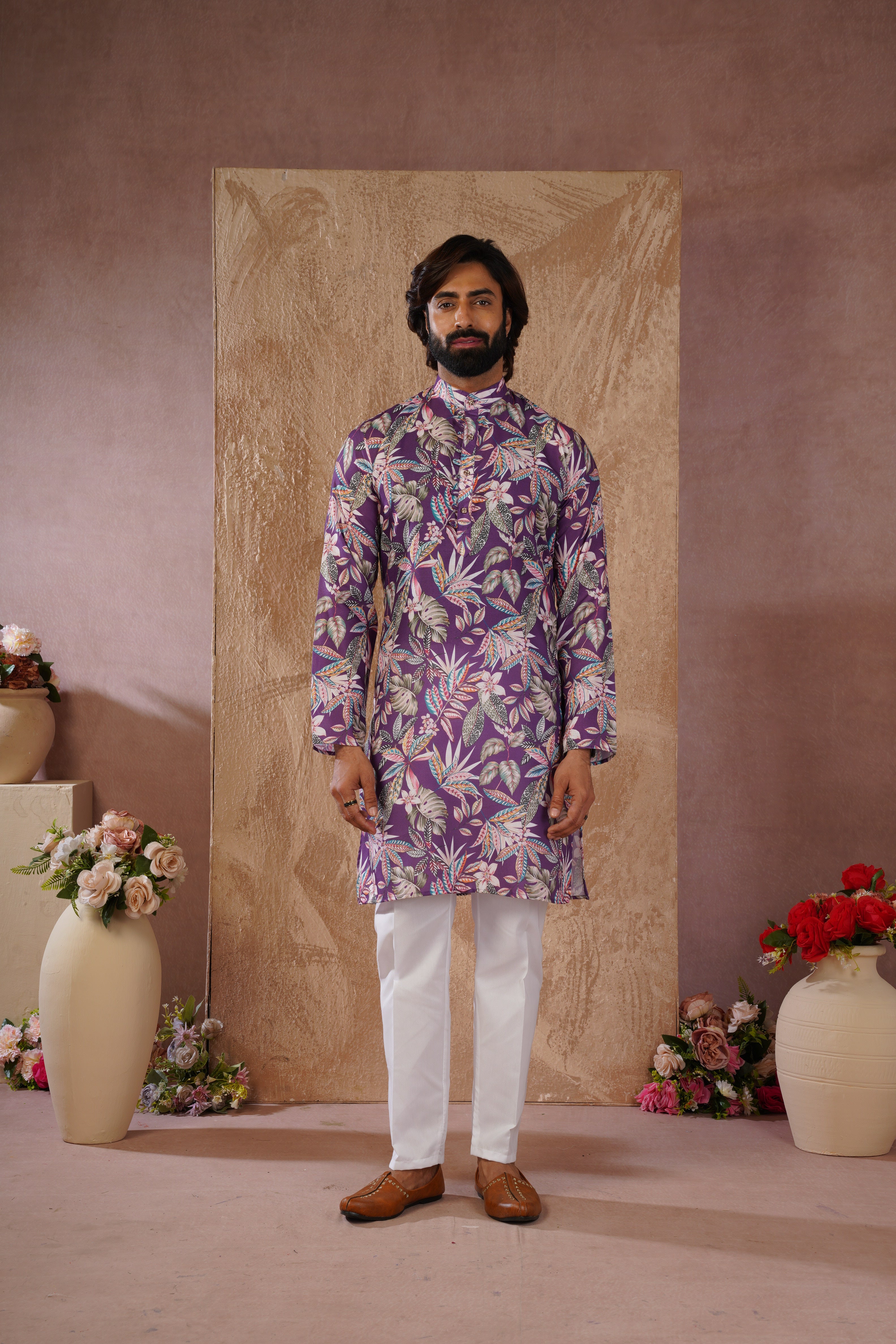 Tropical Printed Purple Kurta Set for Men