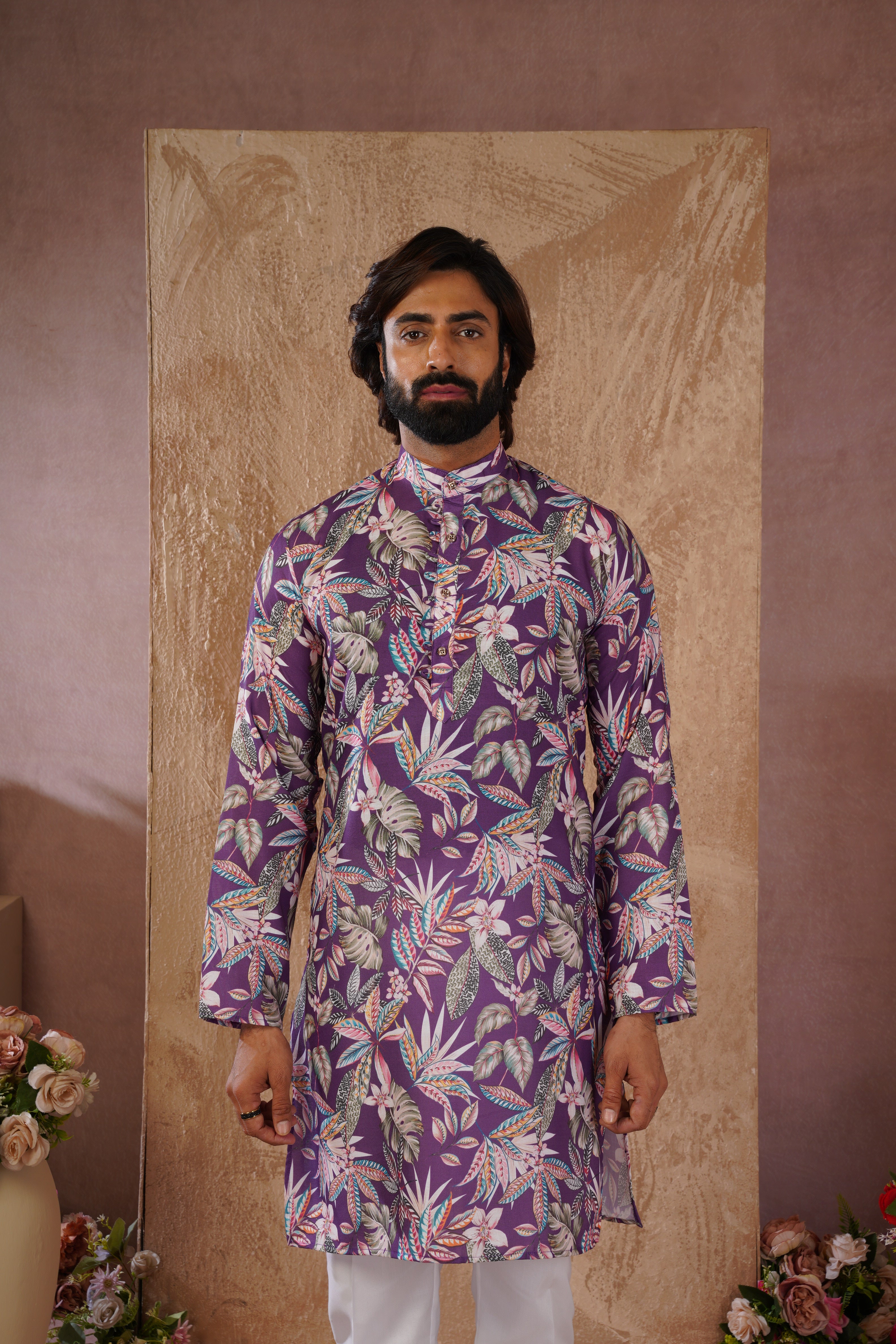 Tropical Printed Purple Kurta Set for Men