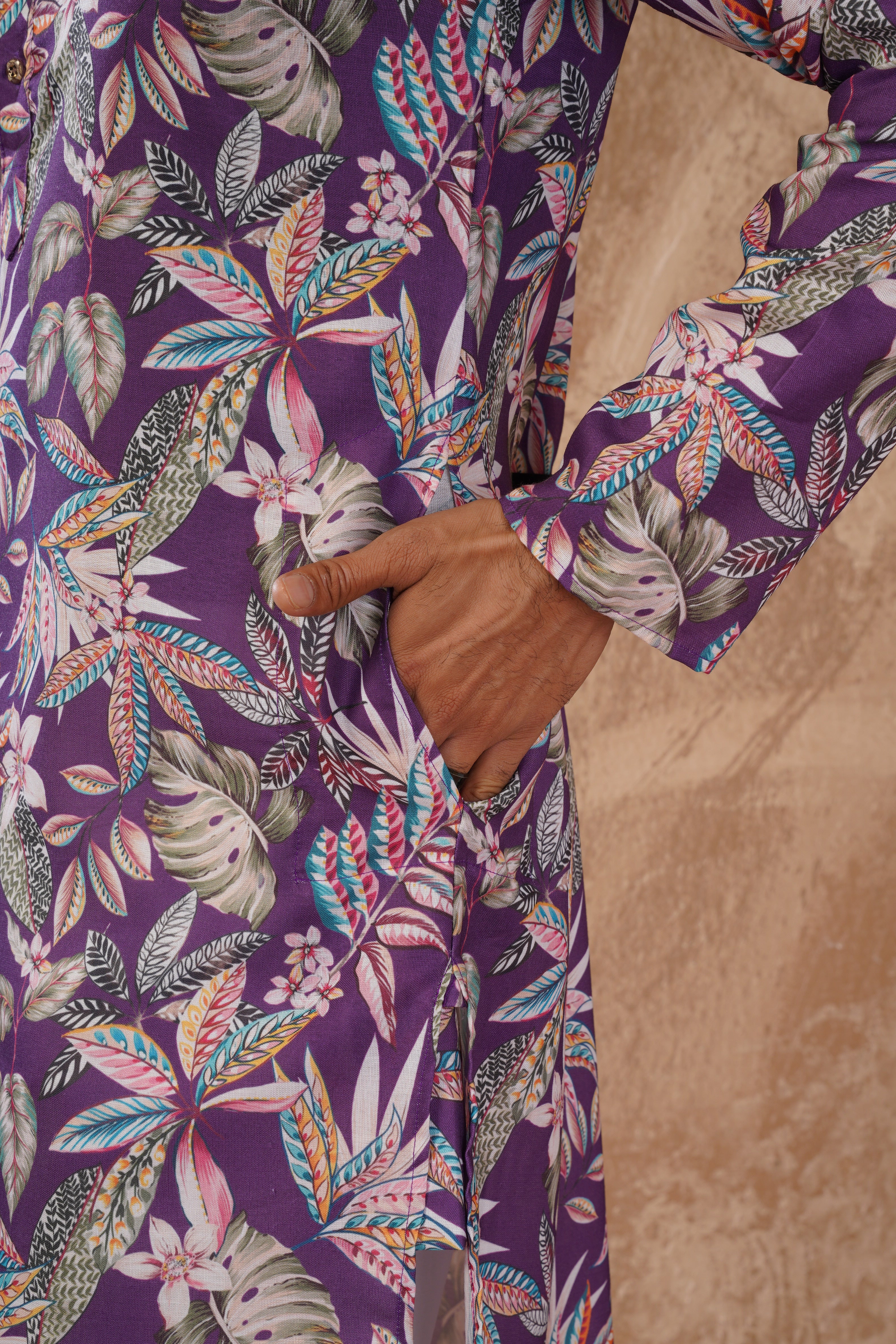 Tropical Printed Purple Kurta Set for Men