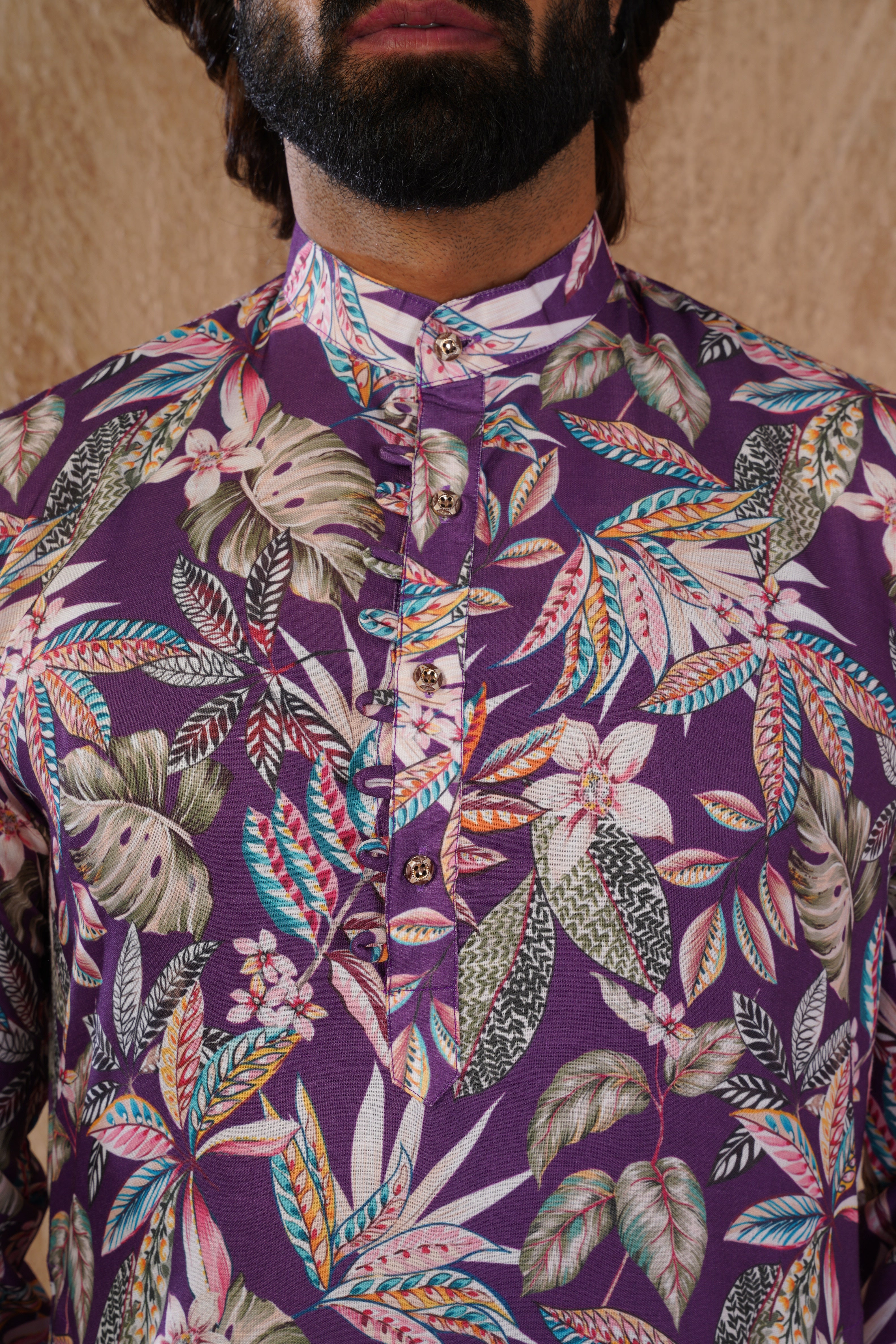 Tropical Printed Purple Kurta Set for Men