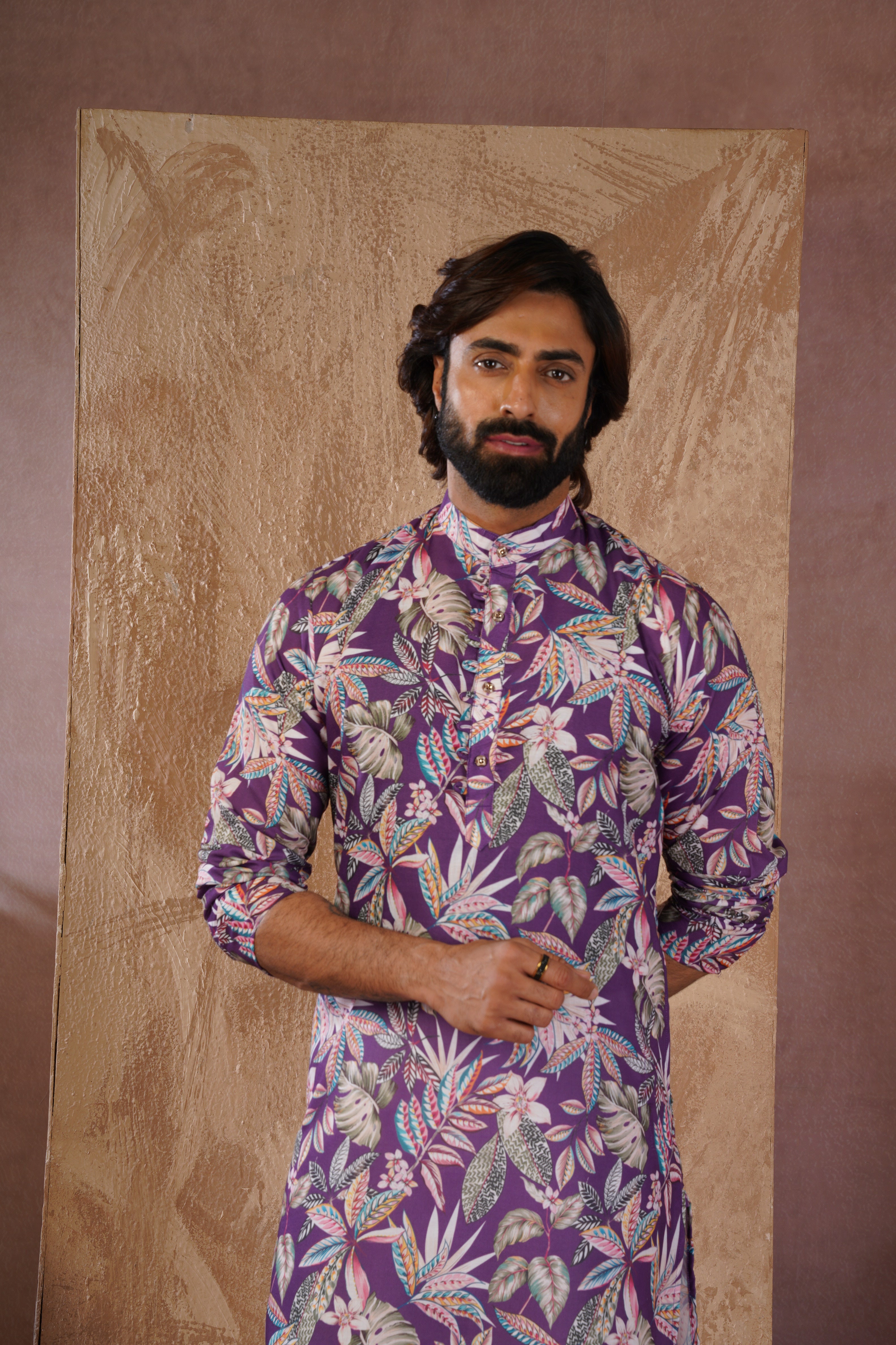 Tropical Printed Purple Kurta Set for Men