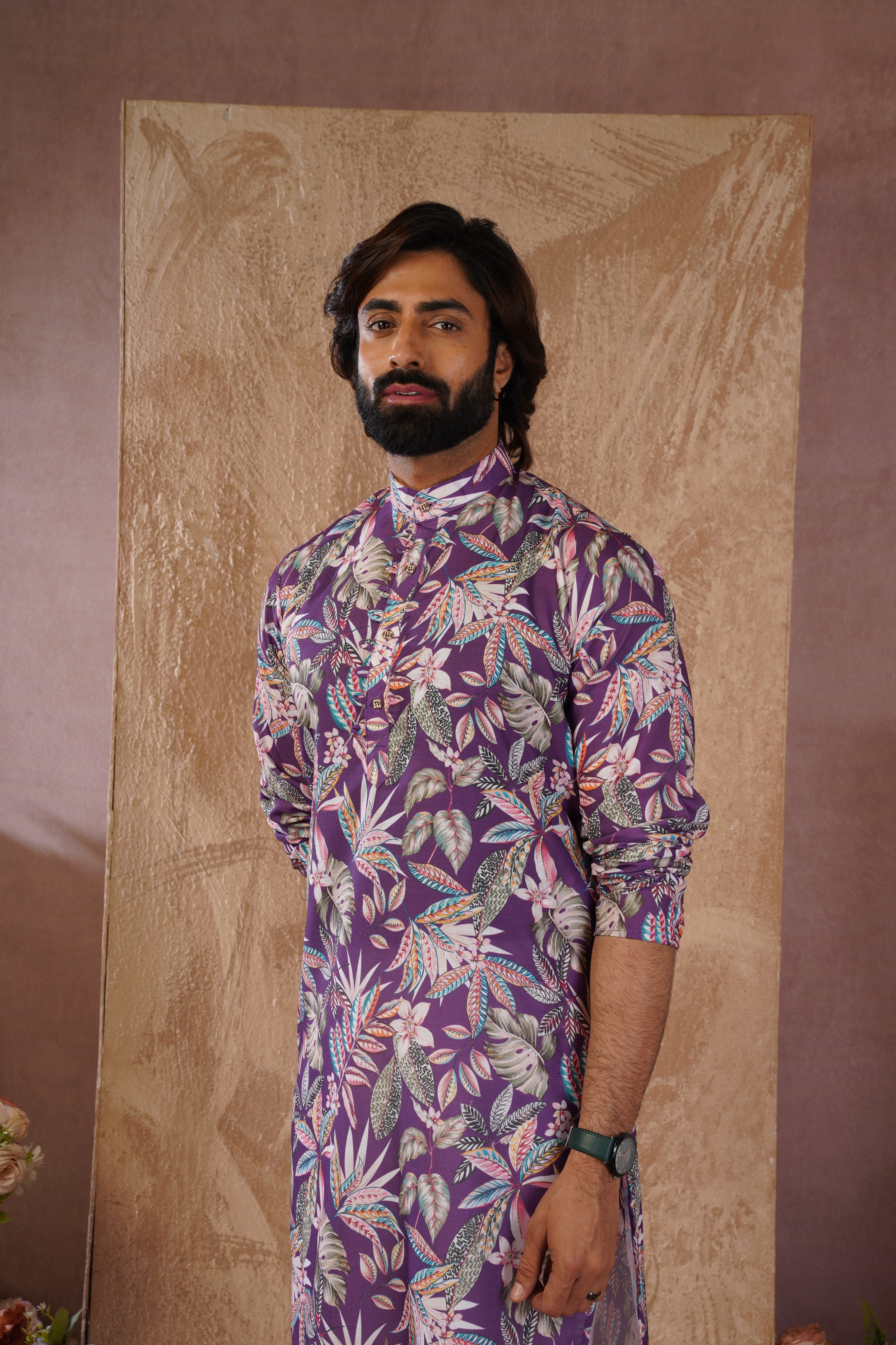 Tropical Printed Purple Kurta Set for Men