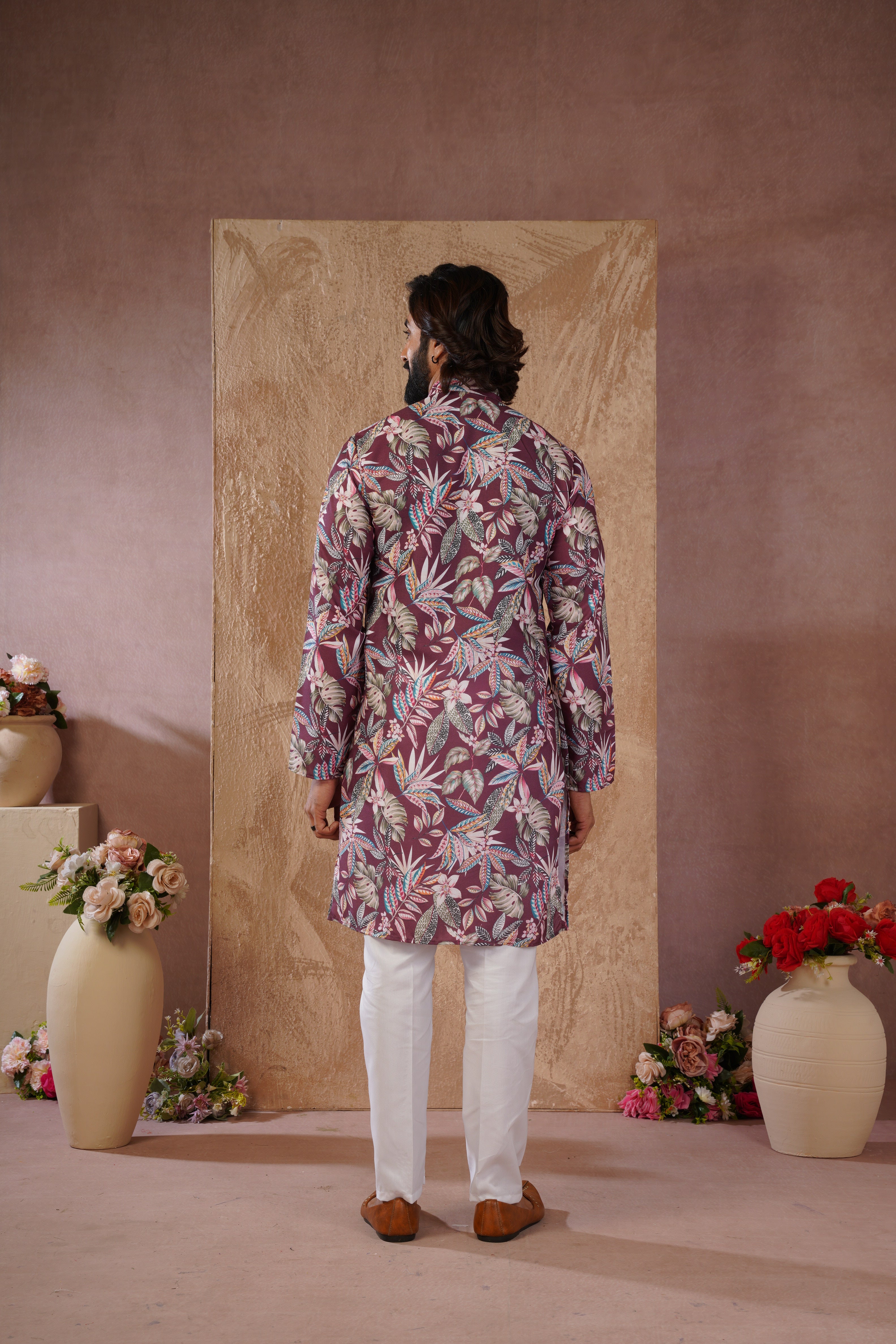 Tropical Printed Brown Kurta Set for Men