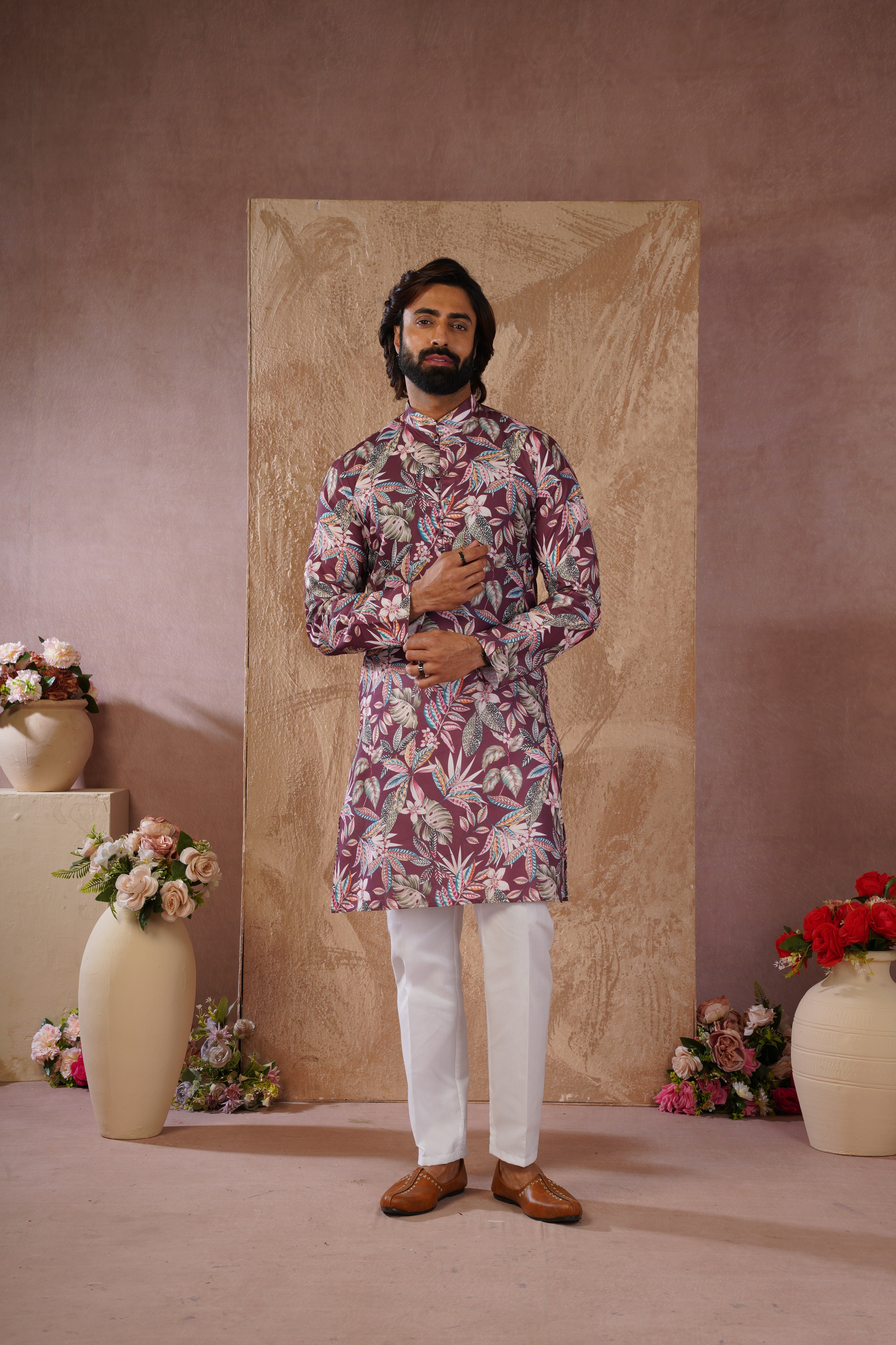 Tropical Printed Brown Kurta Set for Men