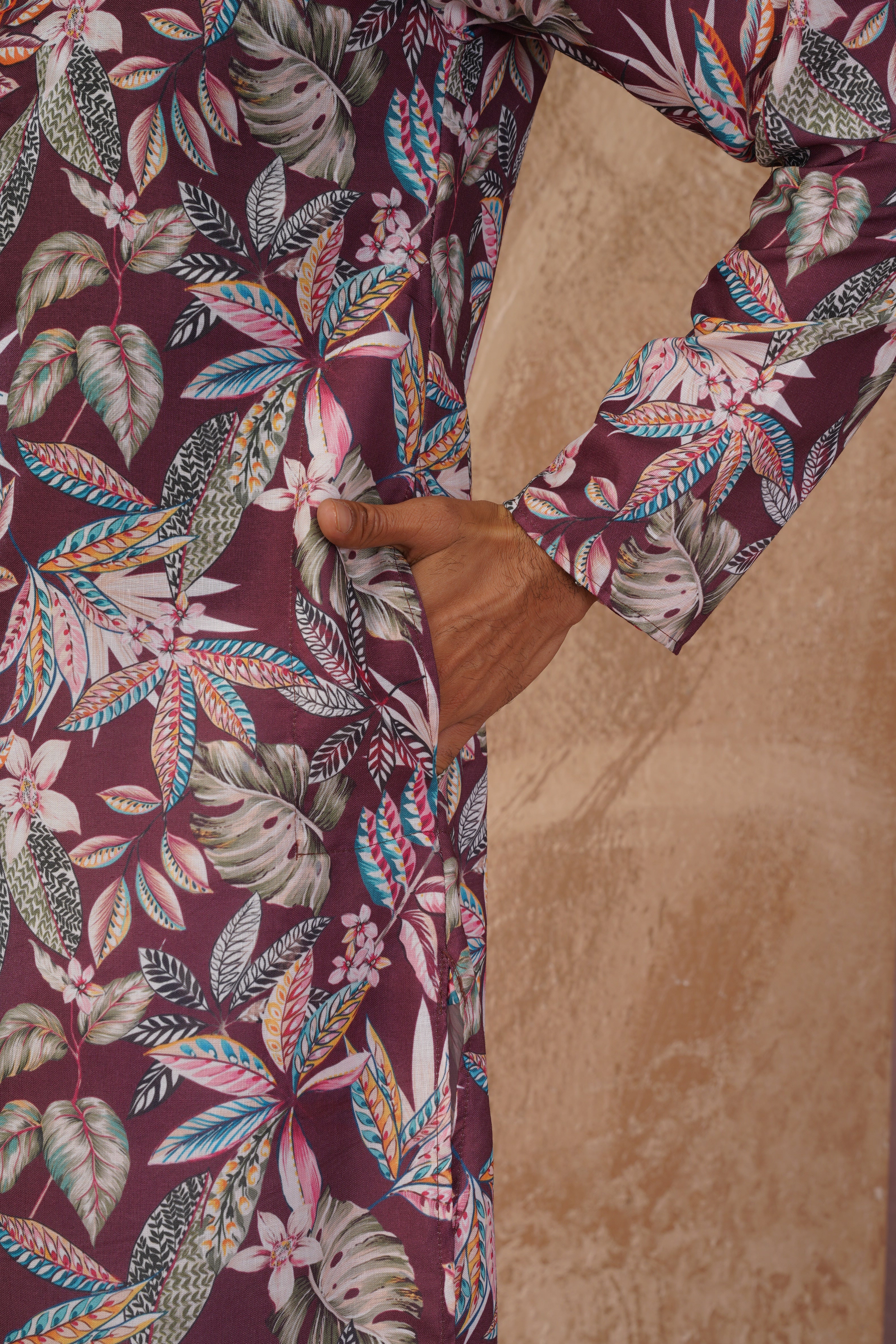 Tropical Printed Brown Kurta Set for Men