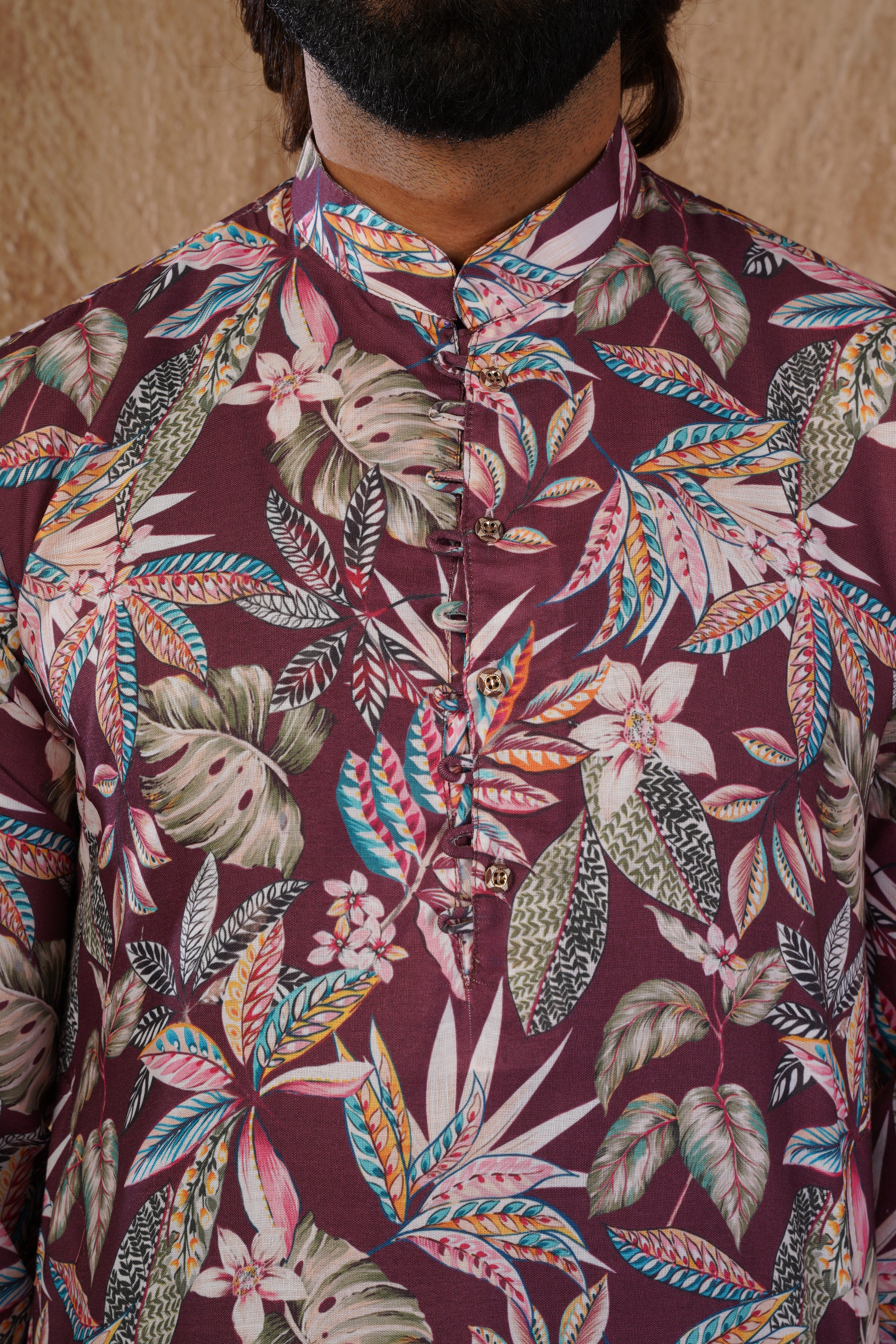 Tropical Printed Brown Kurta Set for Men