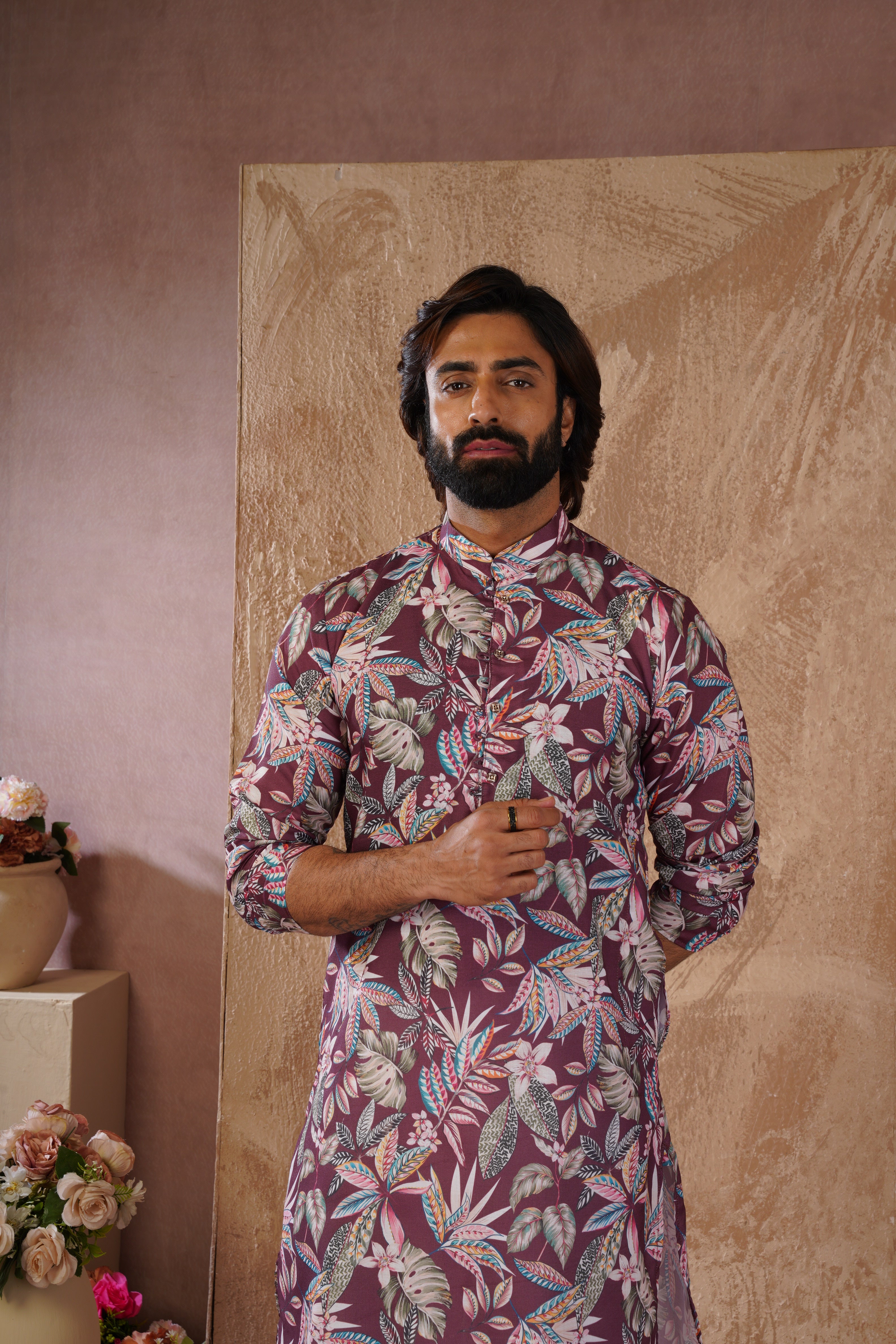 Tropical Printed Brown Kurta Set for Men