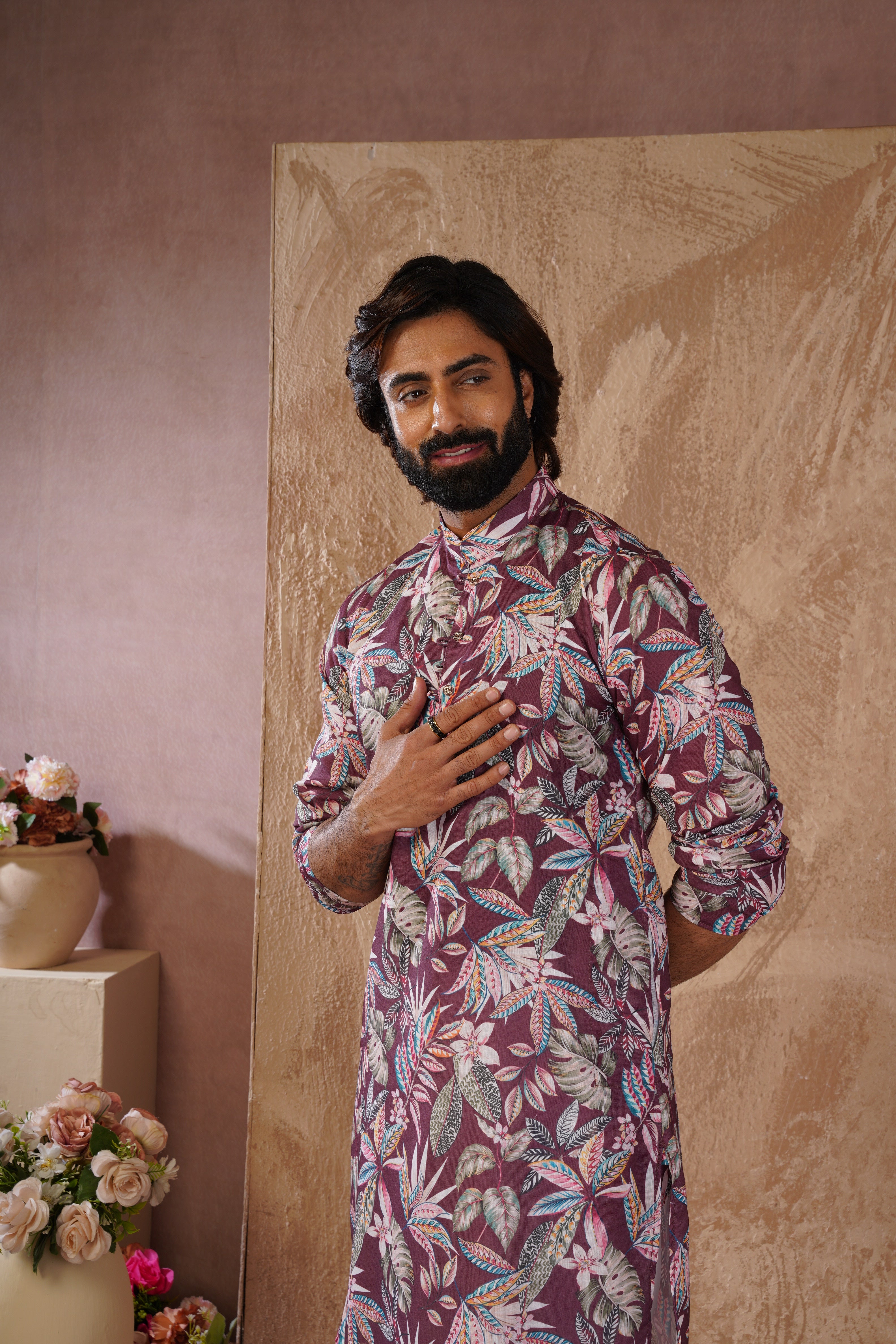Tropical Printed Brown Kurta Set for Men