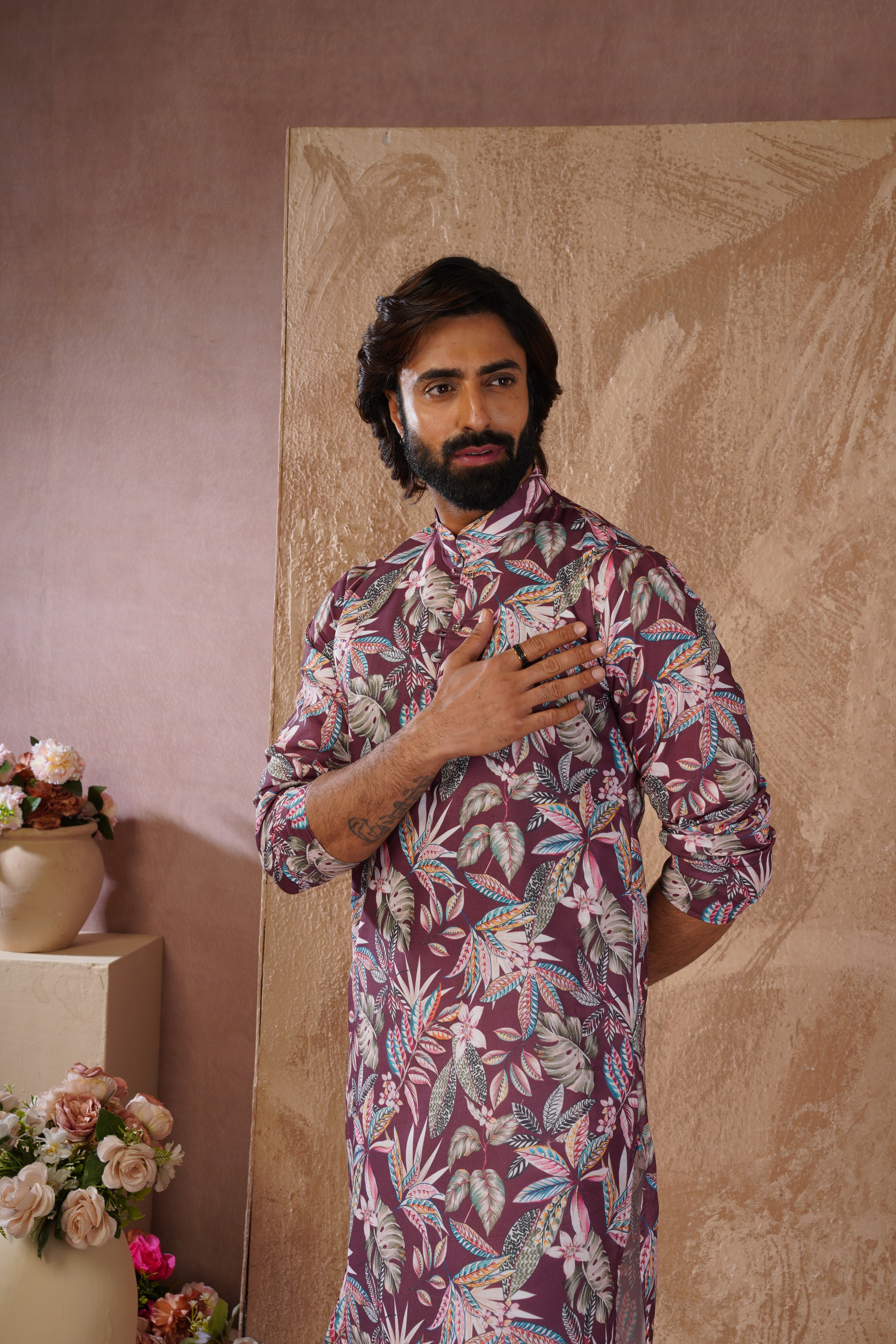 Tropical Printed Brown Kurta Set for Men