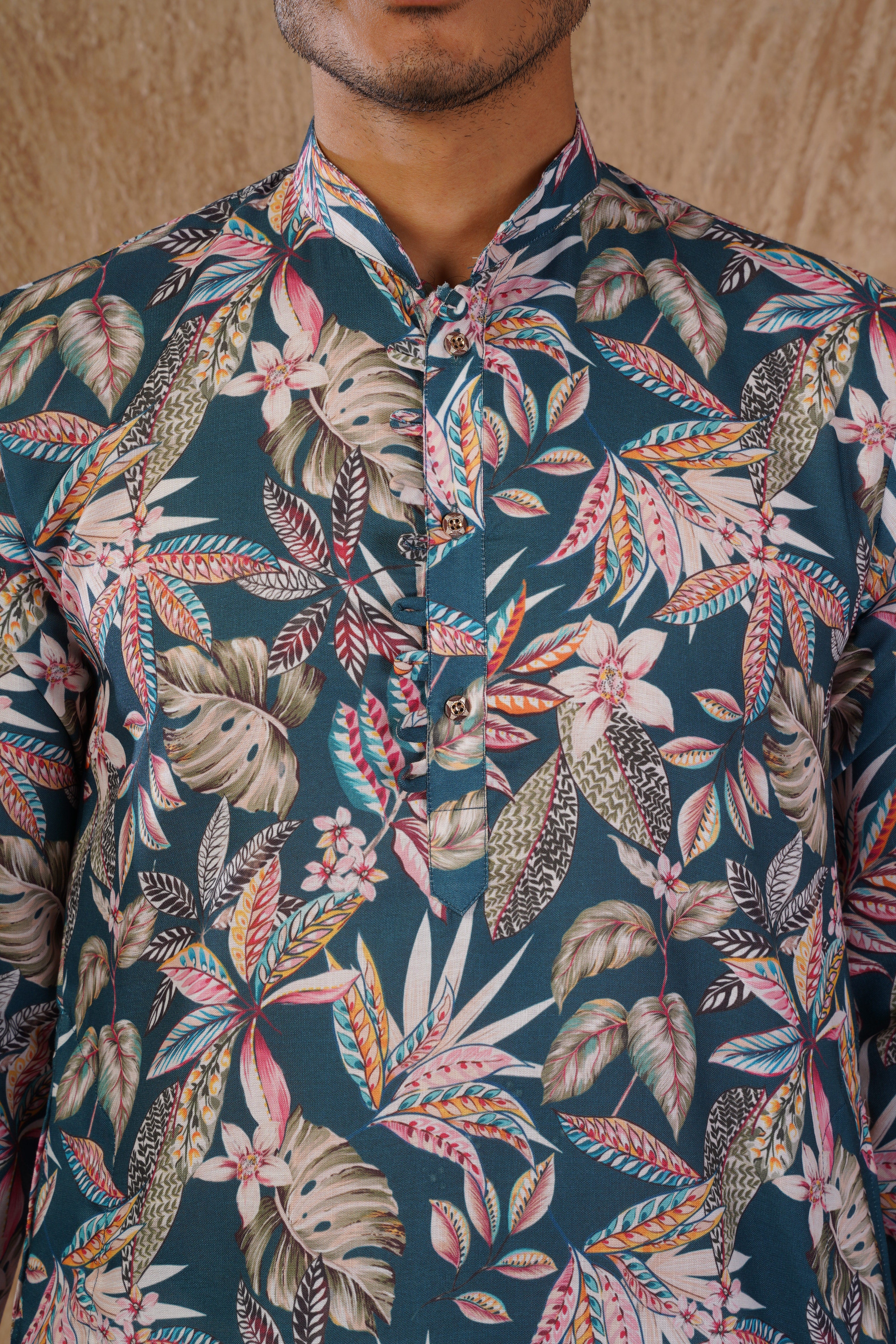 Tropical Printed Green Kurta Set for Men