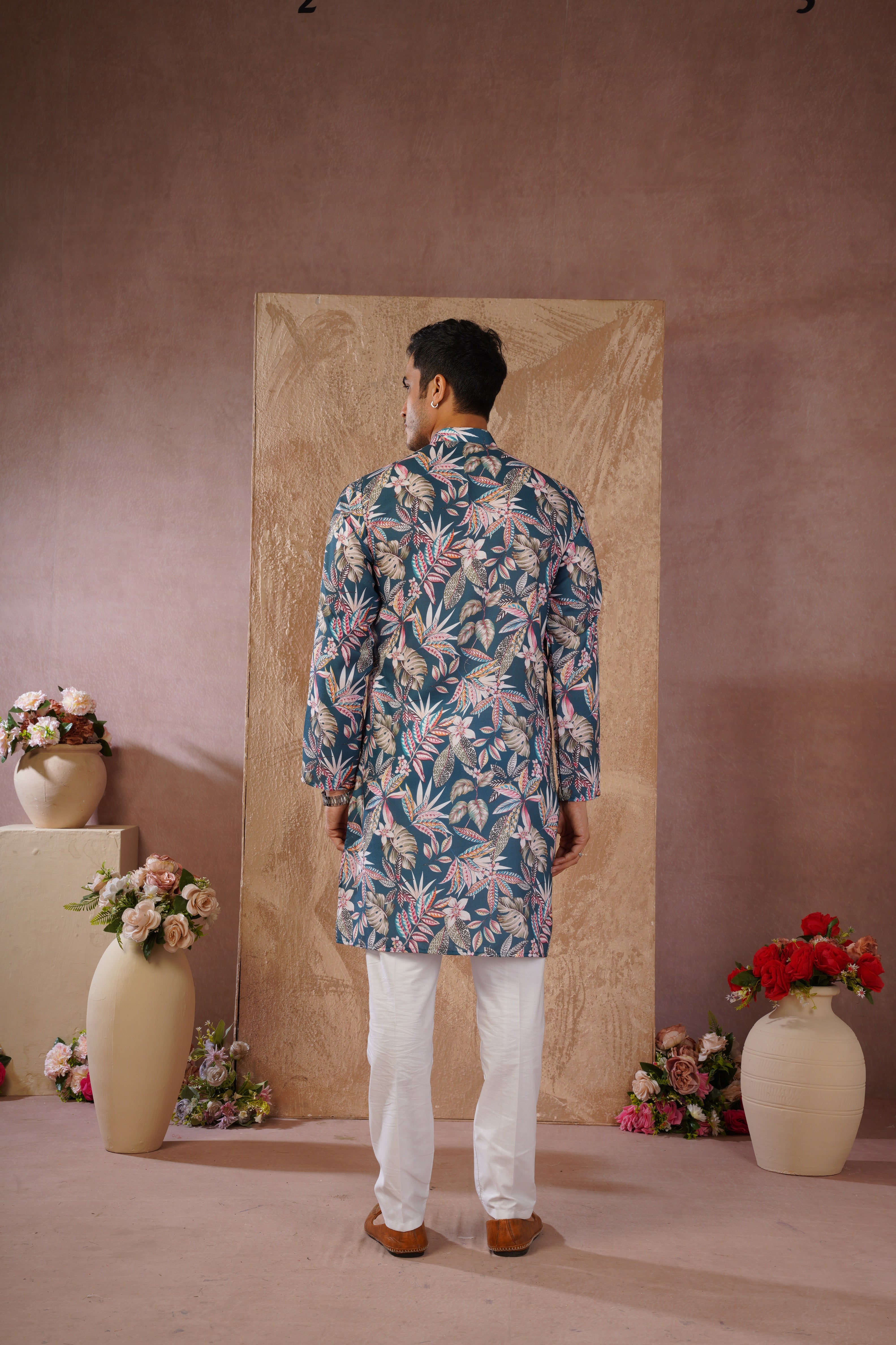 Tropical Printed Green Kurta Set for Men
