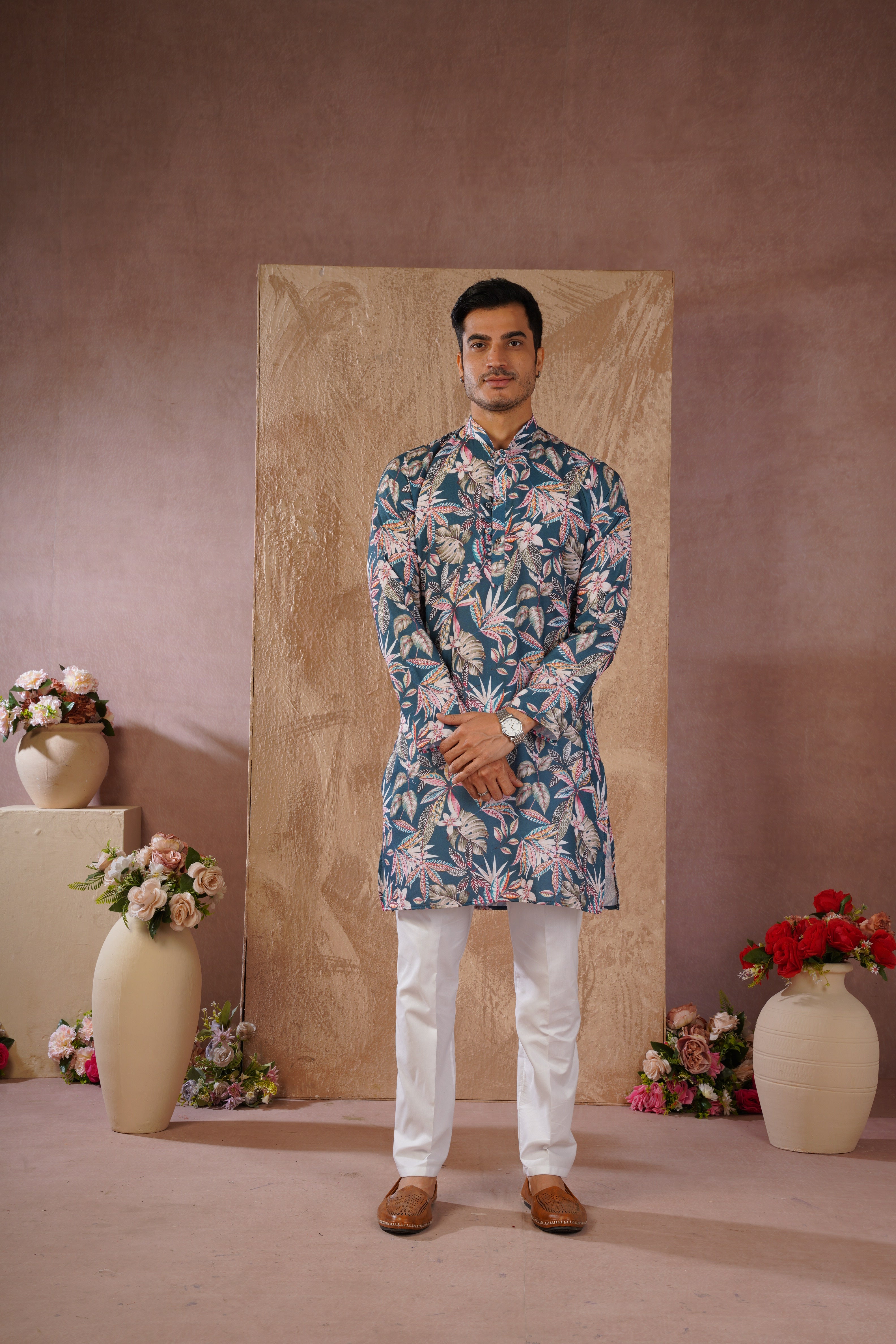 Tropical Printed Green Kurta Set for Men
